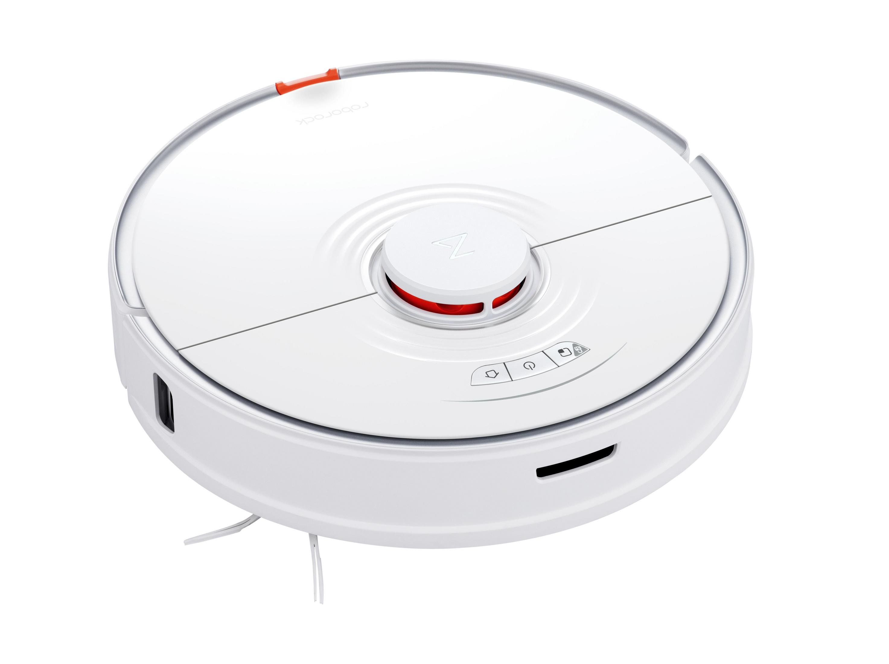 White robot vacuum cleaner, top view. It has a round shape and several buttons.