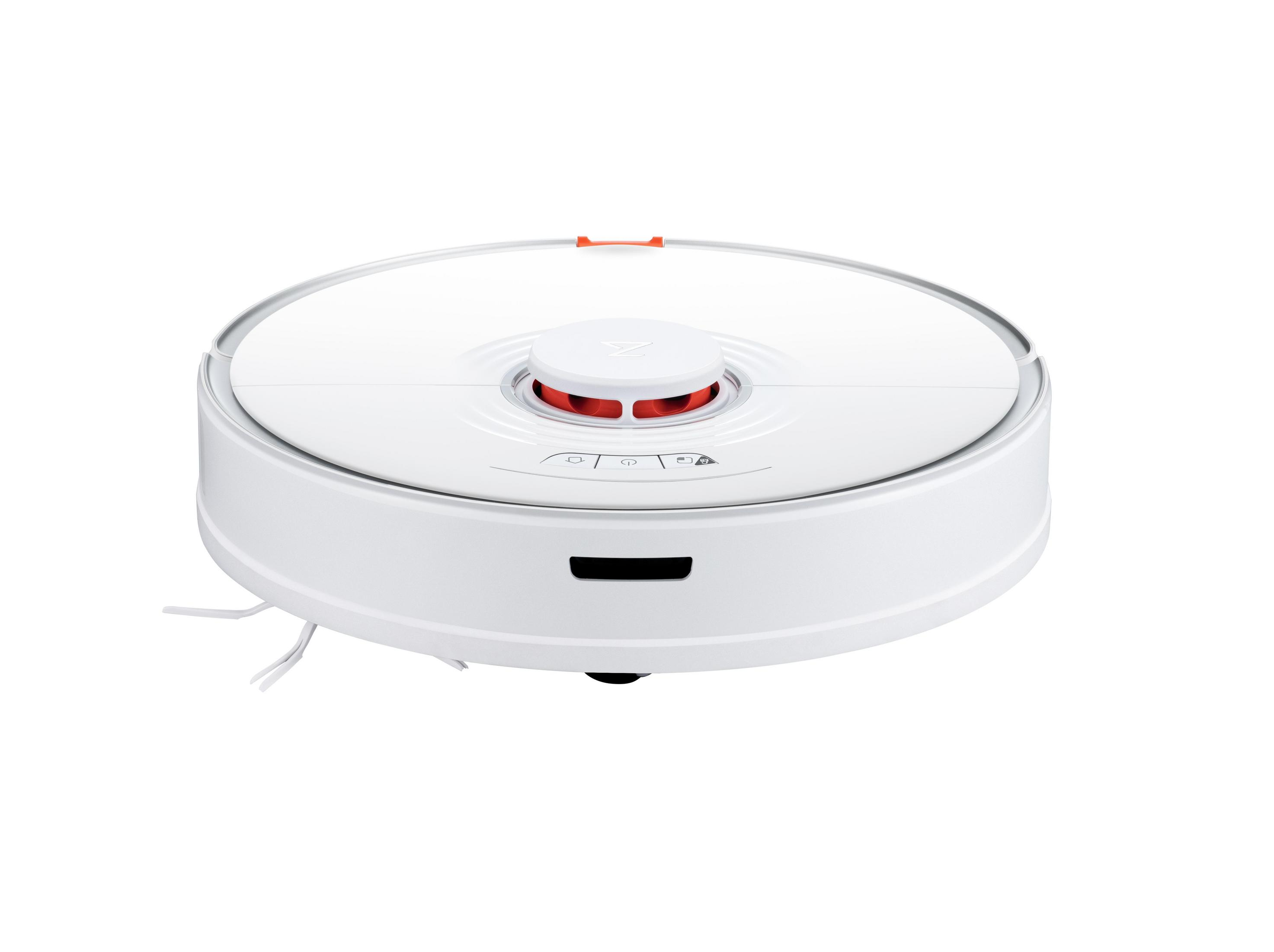 White Roborock vacuum cleaner. It has a red top and a circular design.