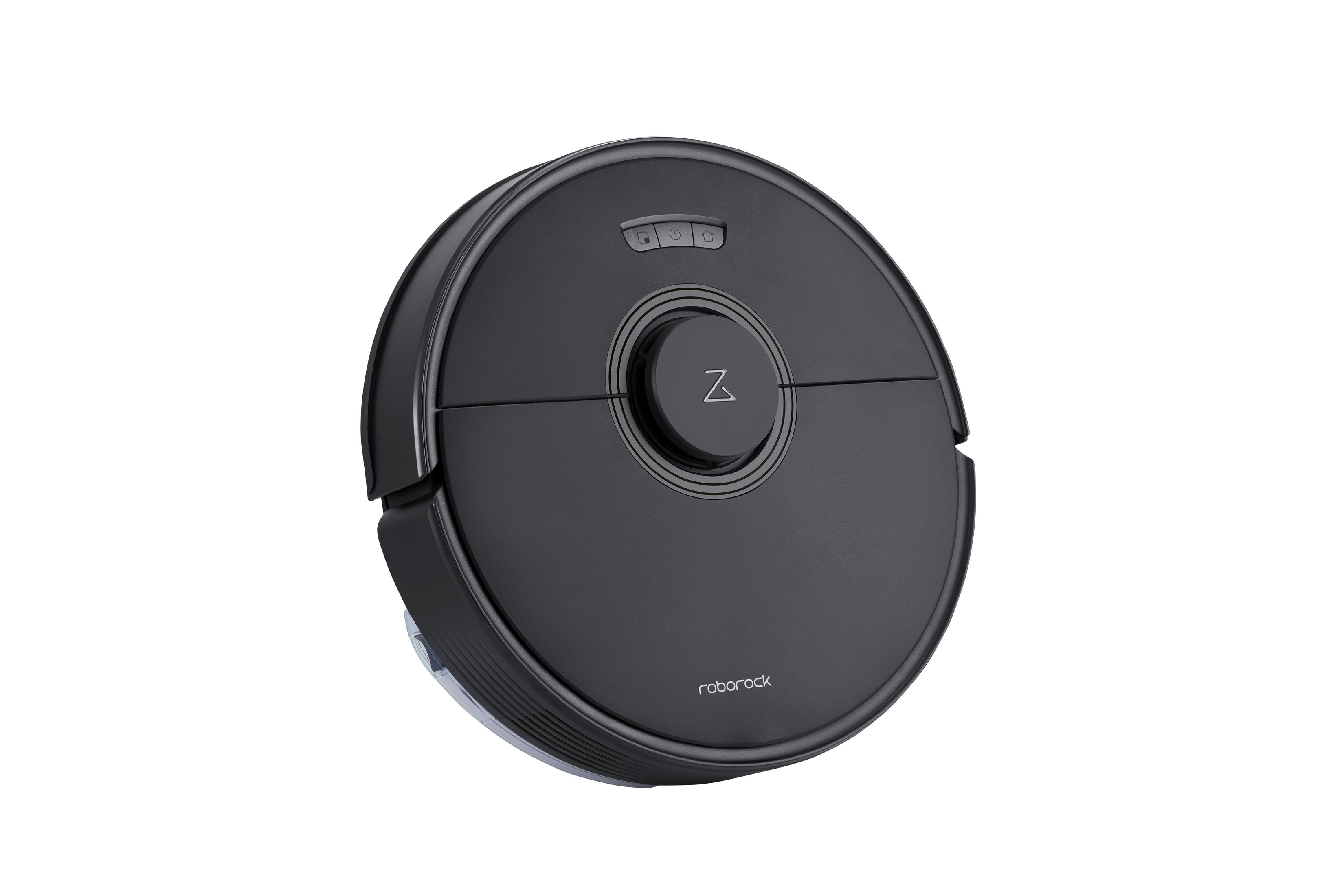 Schwarzer Roborock-Roboter-Staubsauger. Kreisförmig, mit zentralem Bedienfeld und Seitenbürsten.