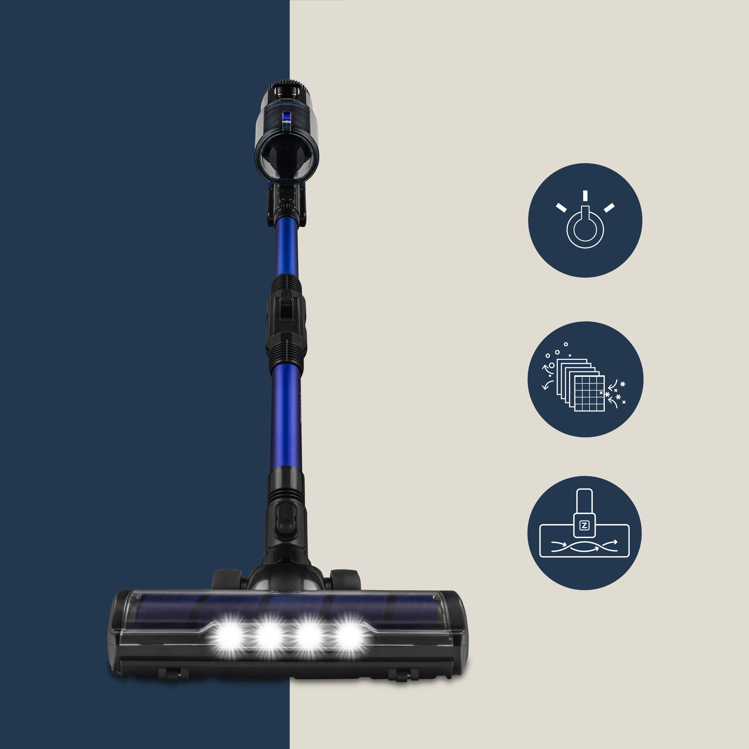 Bezprzewodowy odkurzacz z niebiesko-czarnym designem i trzema ikonami po prawej stronie.