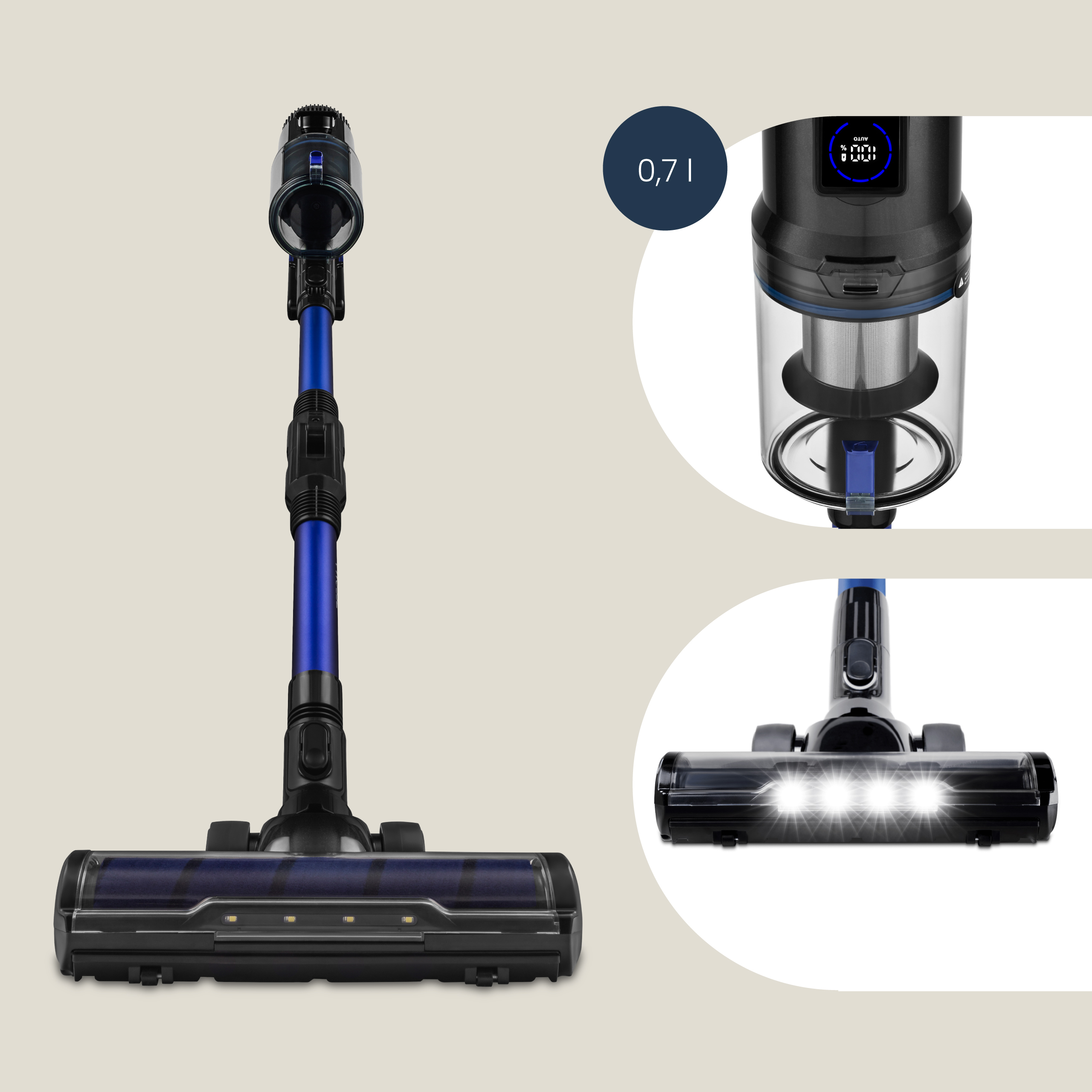 Odkurzacz bezprzewodowy z niebieskimi akcentami, pokazujący pojemnik na kurz i głowicę szczotki.