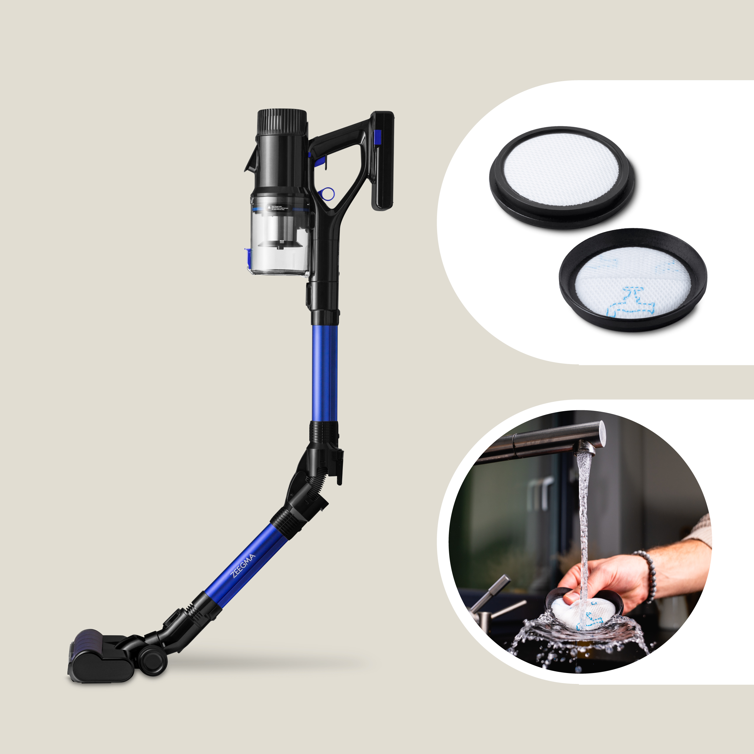 Bezprzewodowy odkurzacz z niebieskimi i czarnymi detalami. Dwa filtry i osoba czyszcząca jeden.