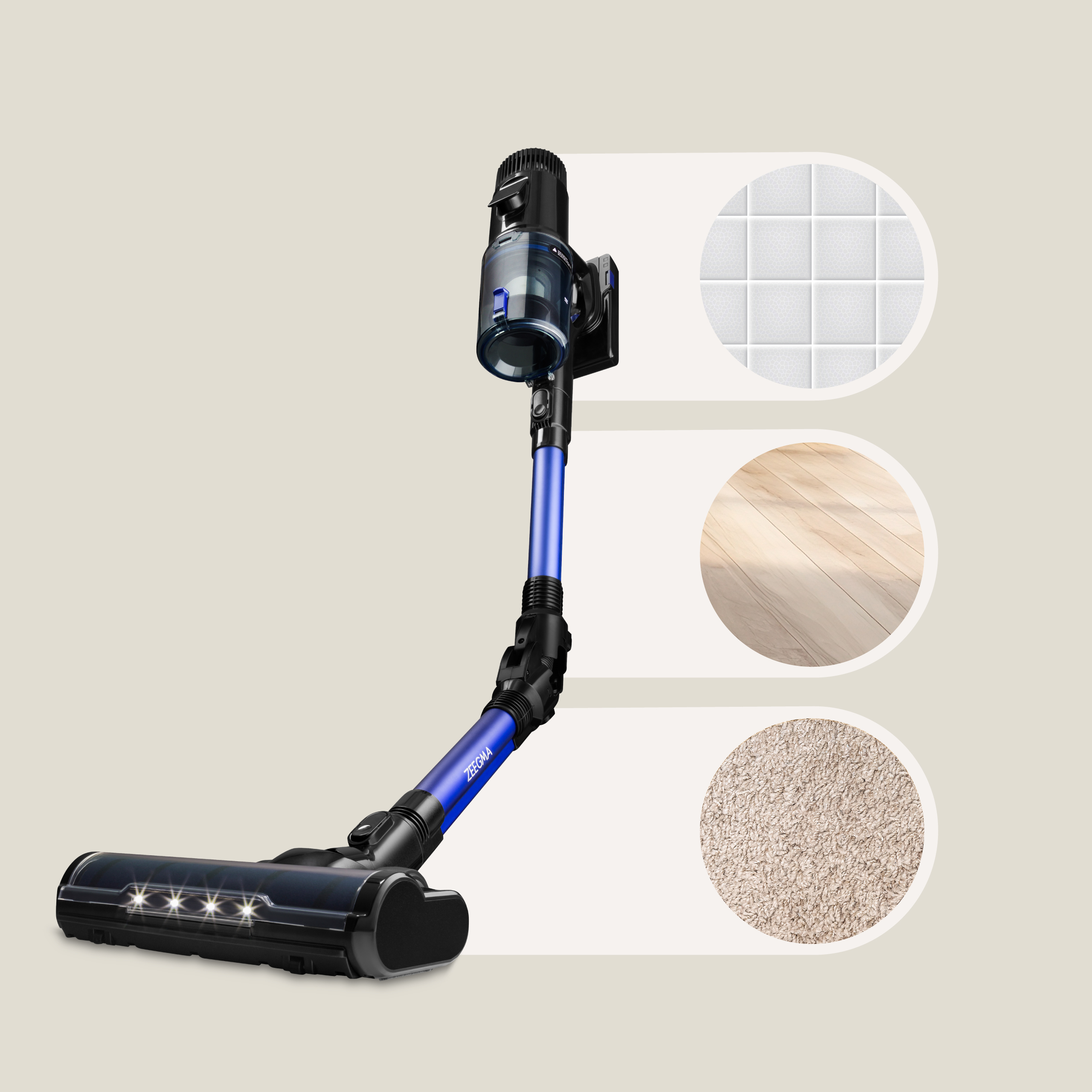 Niebiesko-czarny odkurzacz, z nasadkami, pokazany na różnych powierzchniach: płytkach, drewnie i dywanie.
