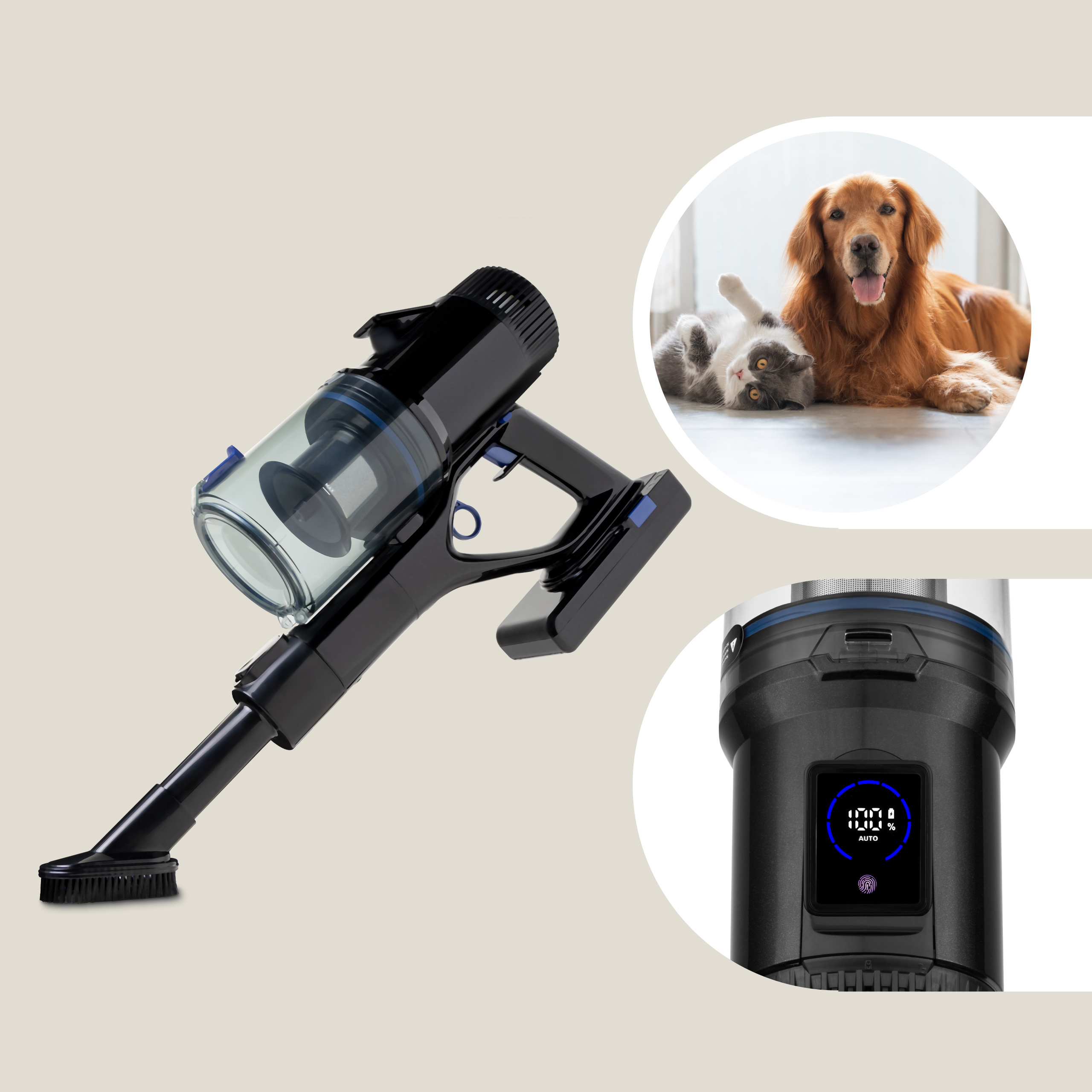 Czarny i niebieski odkurzacz ze zwierzętami w tle i ekranem sterowania.