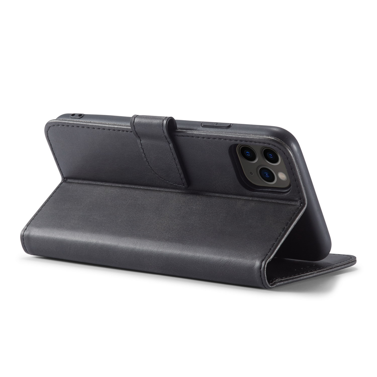 Czarny skórzany pokrowiec na telefon, otwarty, z telefonem w środku. Etui ma pasek.