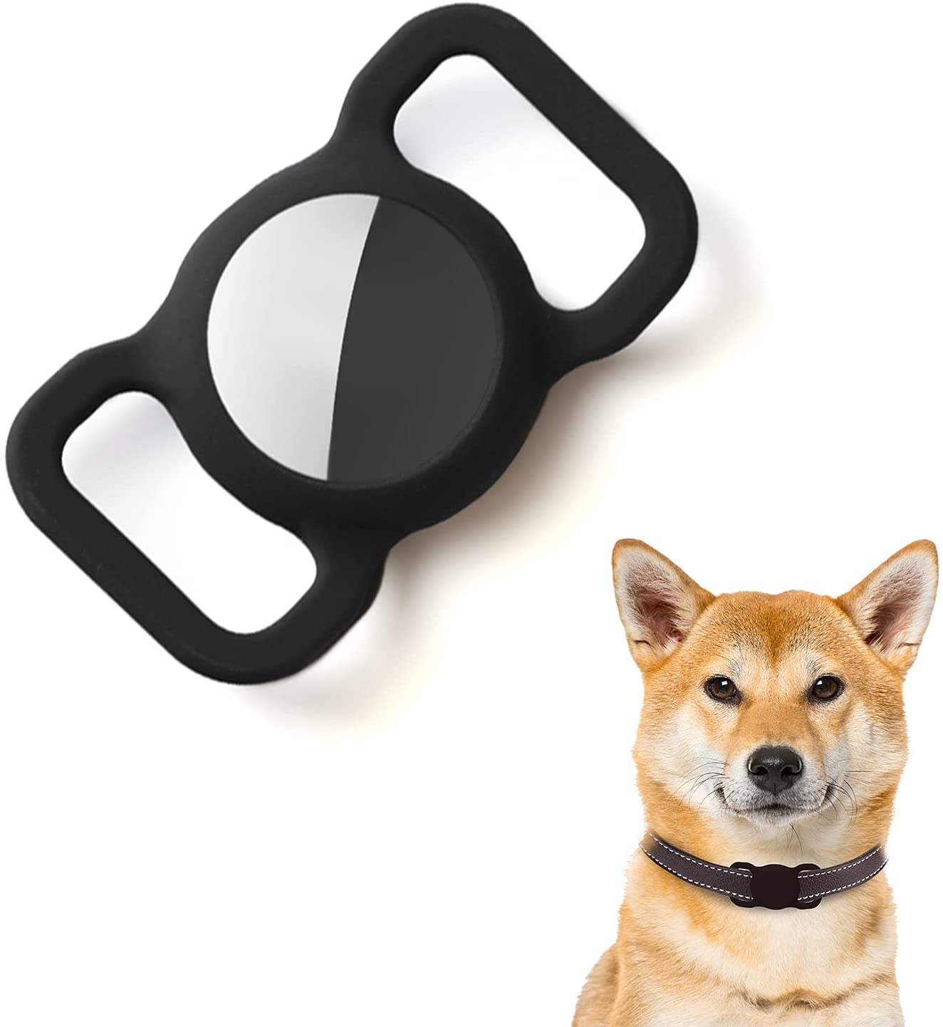 Supporto AirTag nero su un collare per cani, con un cane Shiba Inu.