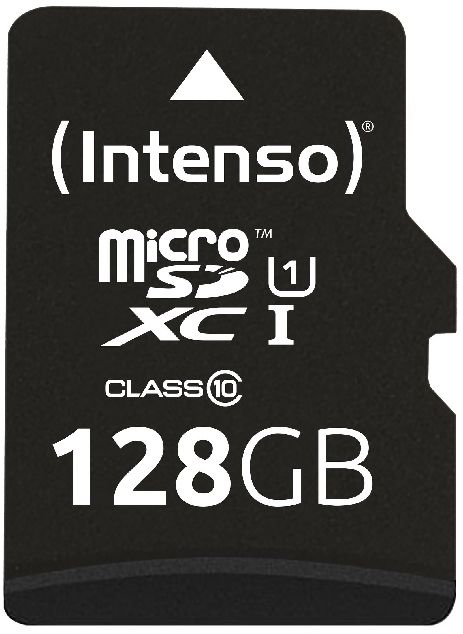 Schwarze Micro-SD-Karte mit weißem Text. Der Text enthält die Marke und 128 GB.
