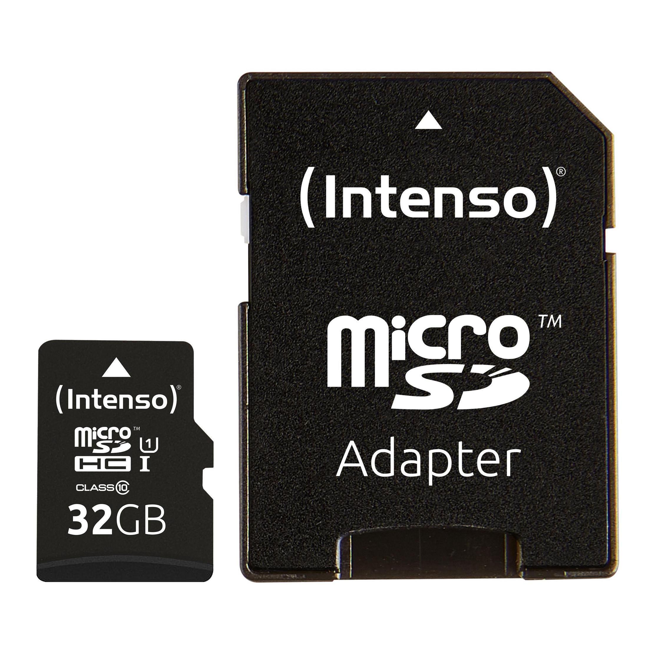 Schwarzer (Intenso) Micro SD-Adapter und 32 GB Micro SD-Karte.