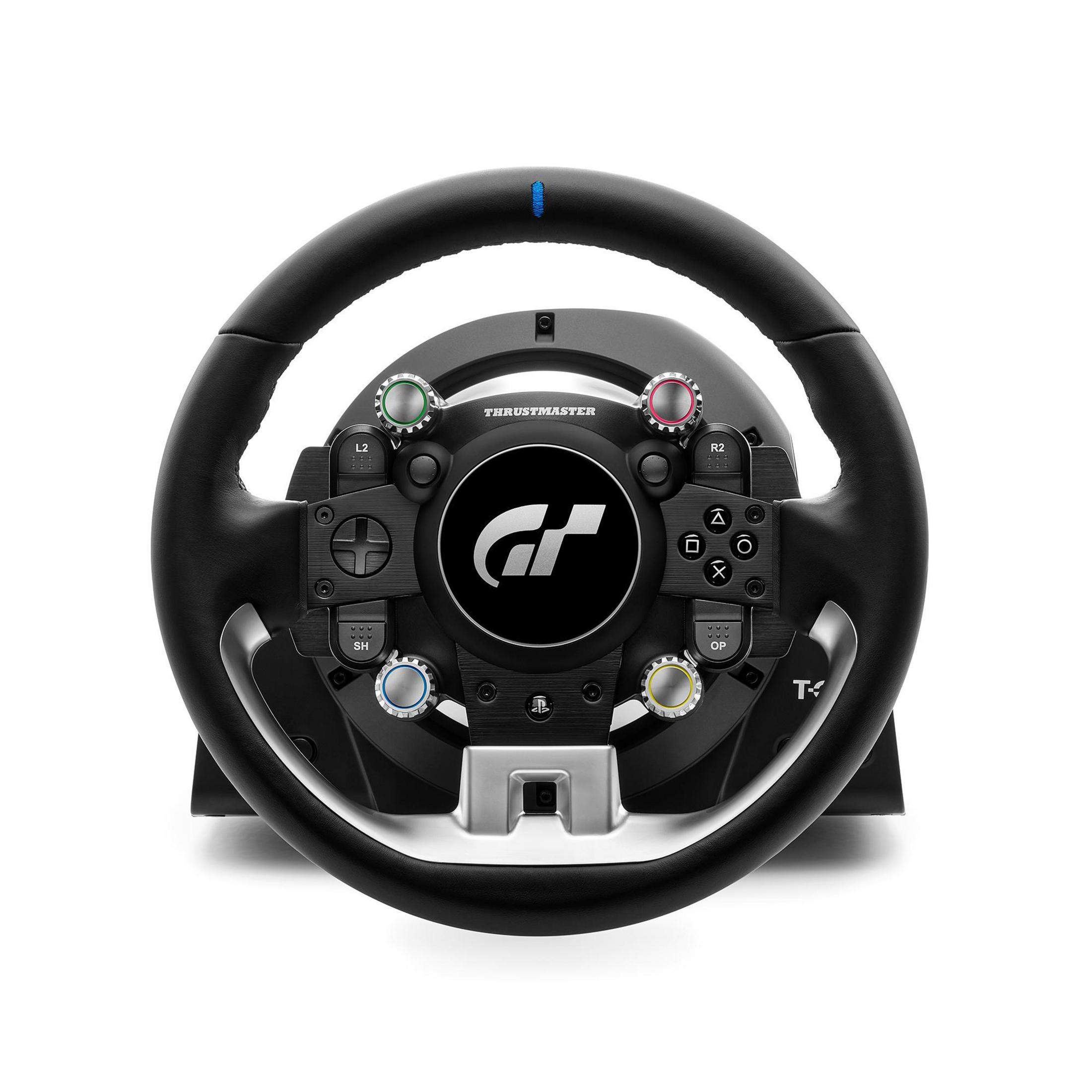 Ein schwarzes Thrustmaster-Lenkrad. Es hat Knöpfe und eine silberne Basis.