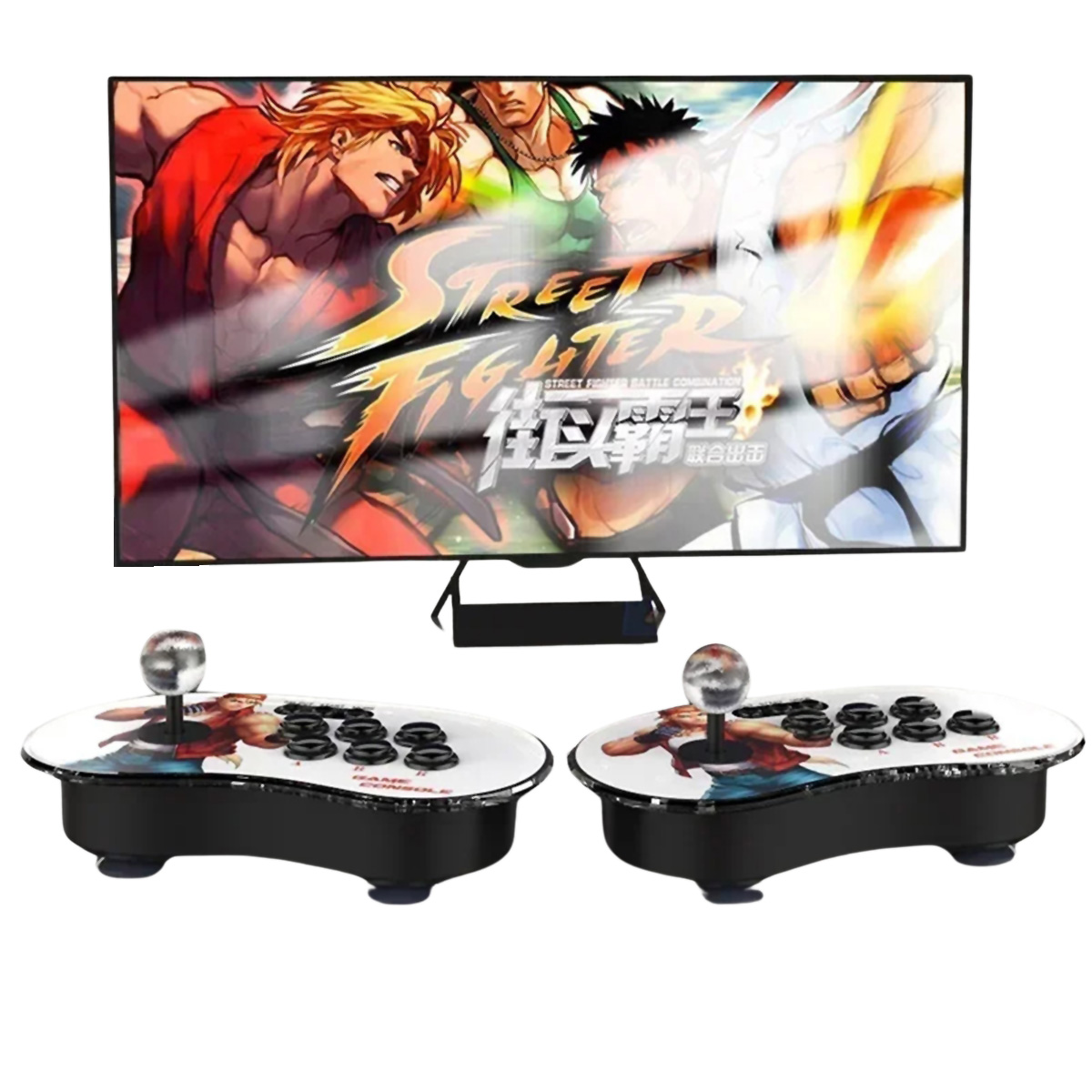 Dos joysticks de videojuegos arcade con un monitor que muestra un juego de Street Fighter.