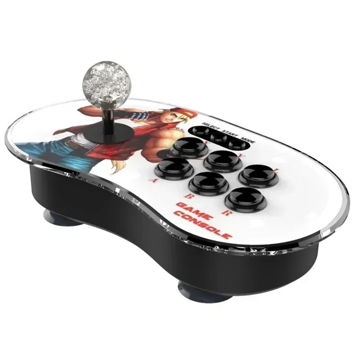 Controlador de juegos arcade con joystick y ocho botones, y una imagen de personaje manga.