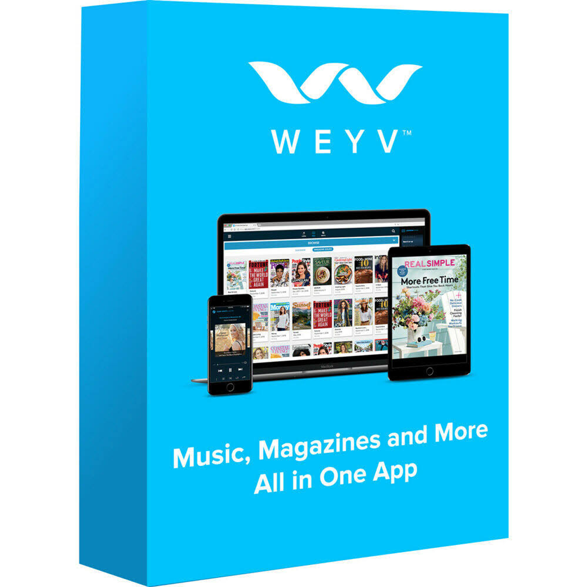 Eine blaue Box mit dem WEYV-Logo und Bildern von Telefon, Tablet und Laptop. Text: Musik, Zeitschriften und mehr.