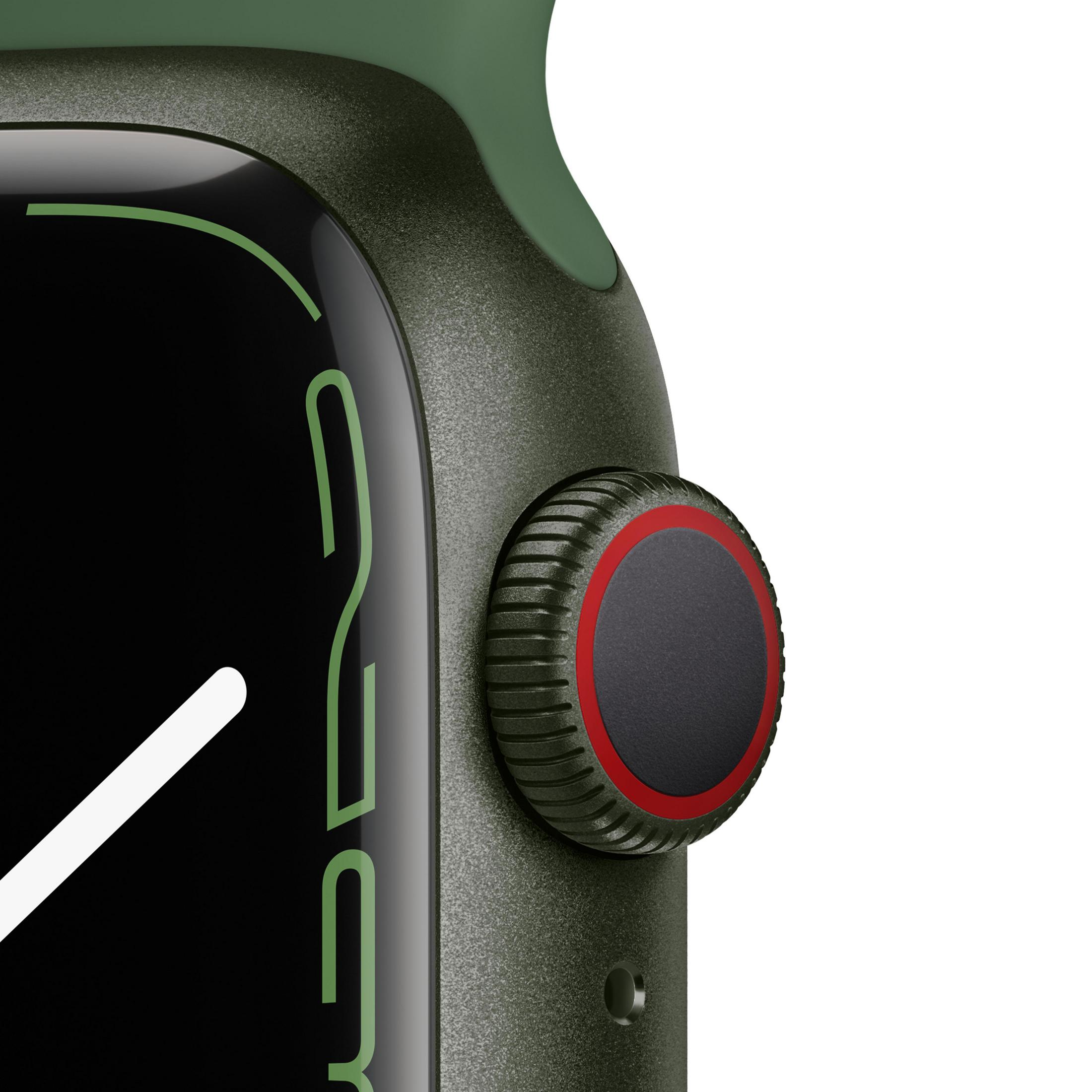Nahaufnahme einer grünen Apple Watch. Die digitale Krone ist schwarz mit rotem Ringdetail. Der Bildschirm zeigt die Zeit.