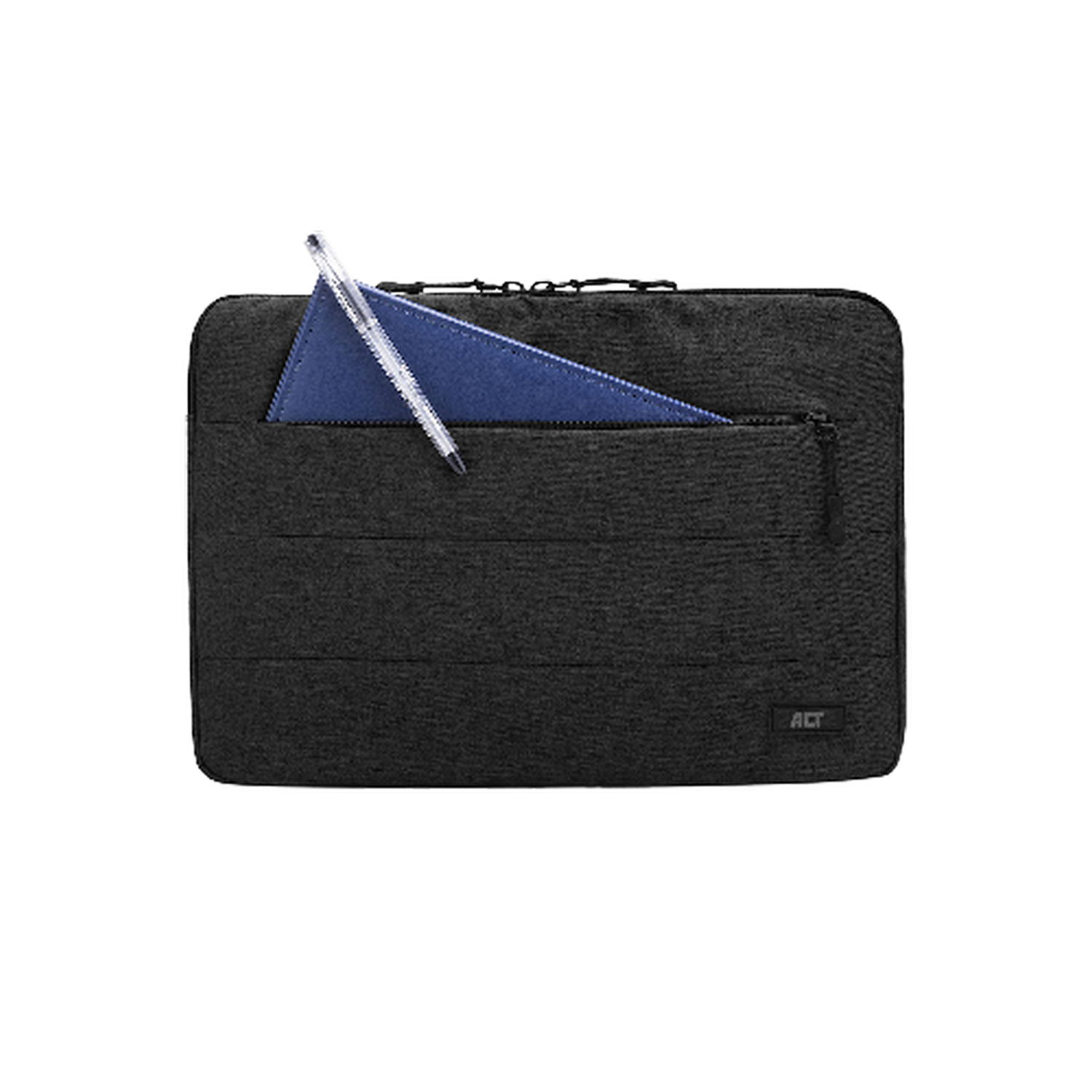 Zwarte laptoptas met rits en pen in een blauwe zak.
