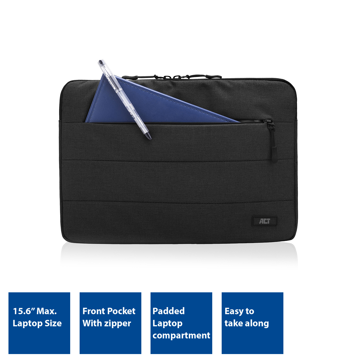 Zwarte laptoptas met voorvak, blauw notitieblok en pen.