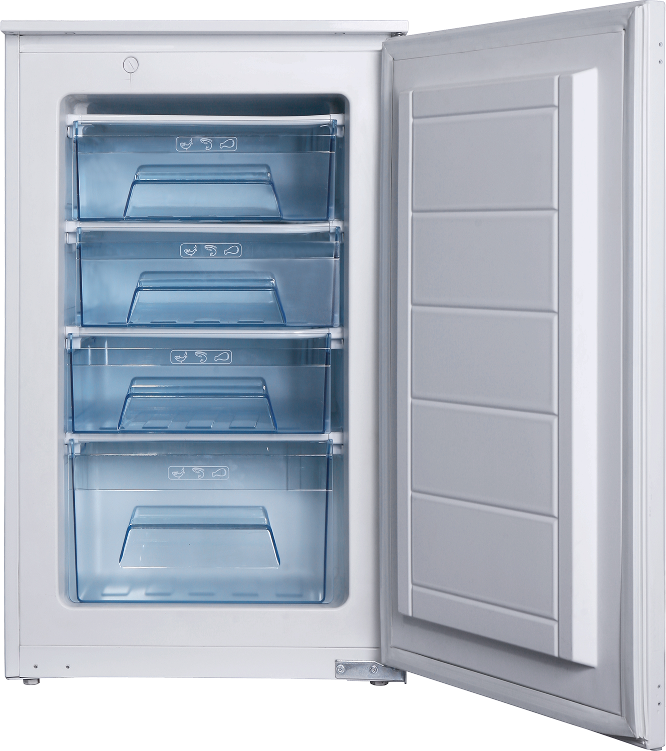 Un réfrigérateur blanc ouvert avec quatre tiroirs en plastique transparent.