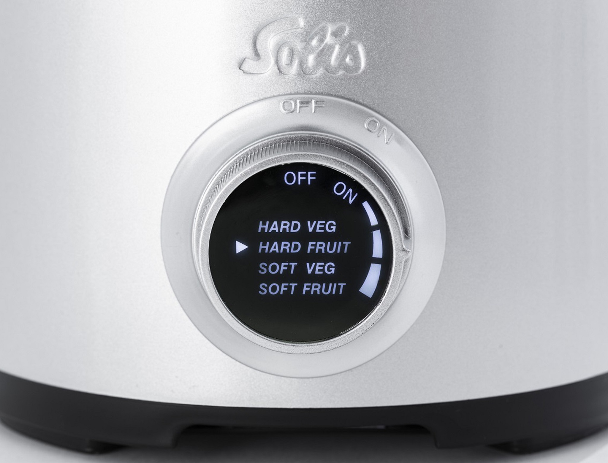 Centrifuga argentata con quadrante nero con impostazioni per 'Verdure dure', 'Frutta', ecc.