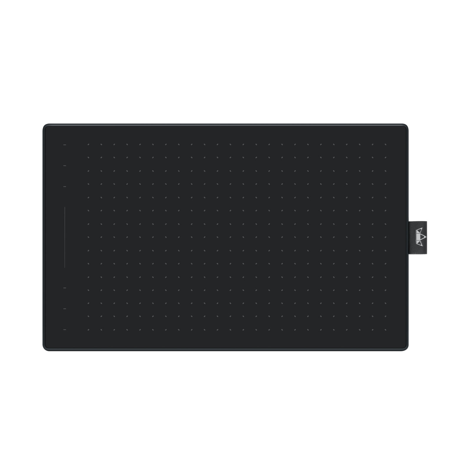 Tableta gráfica negra, rectangular con un soporte para lápiz a la derecha.