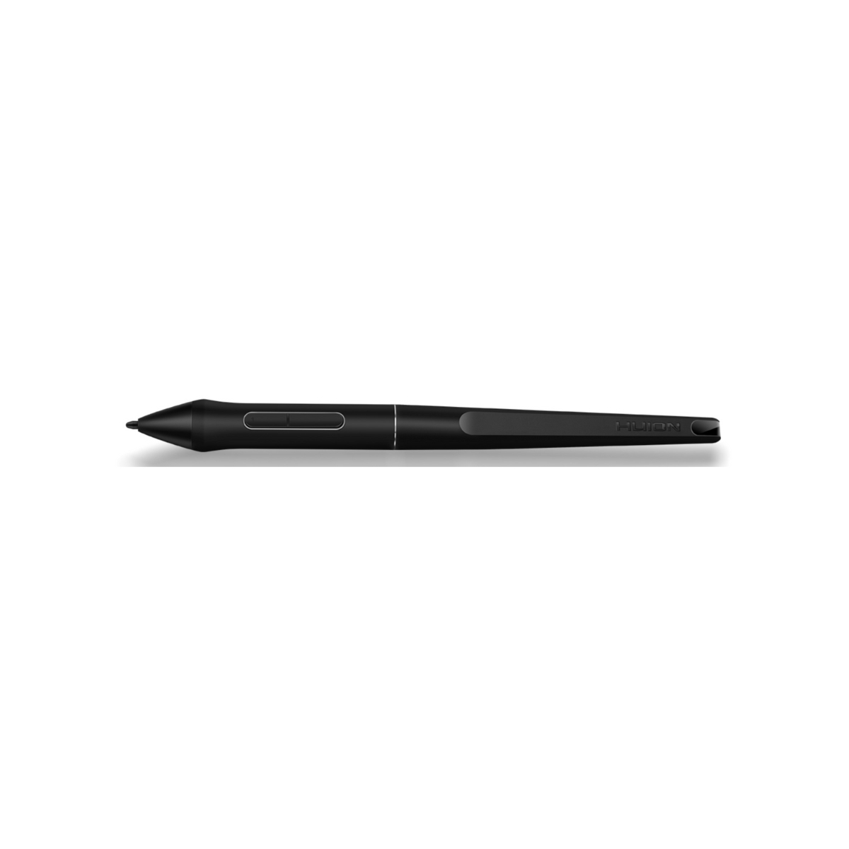 Penna stilo nera su sfondo bianco. Marchio 'HUION' sulla penna.