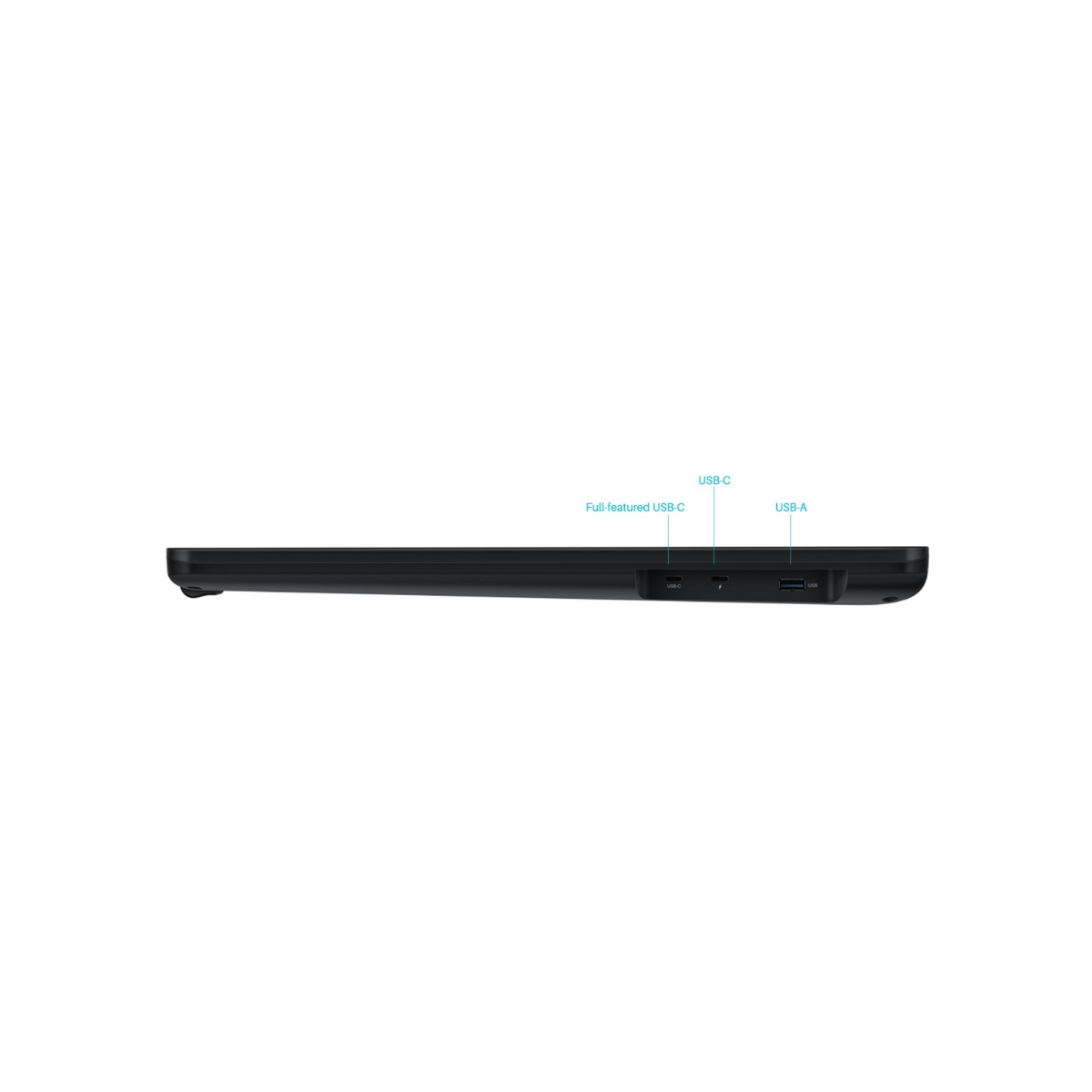 Vista laterale di un laptop nero con porte USB-C e USB-A chiaramente etichettate.
