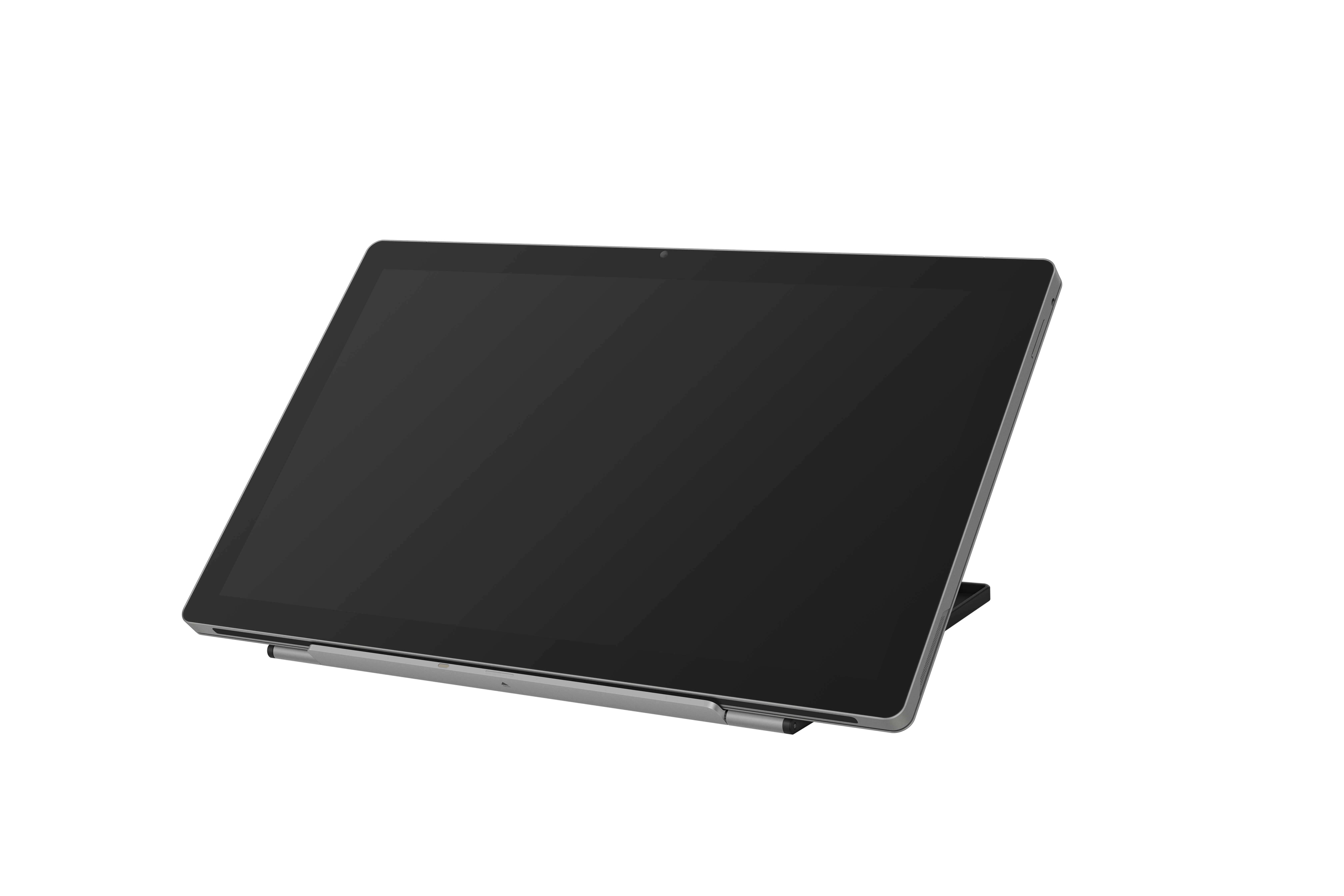 Tablet z czarnym ekranem, ustawiony pod kątem na czarnej powierzchni.