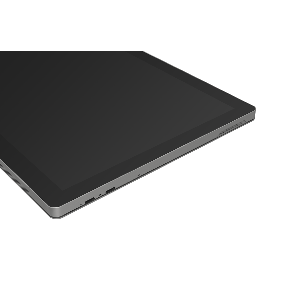 Tablet widziany pod kątem, pokazujący elegancki, ciemny ekran i srebrną ramkę.