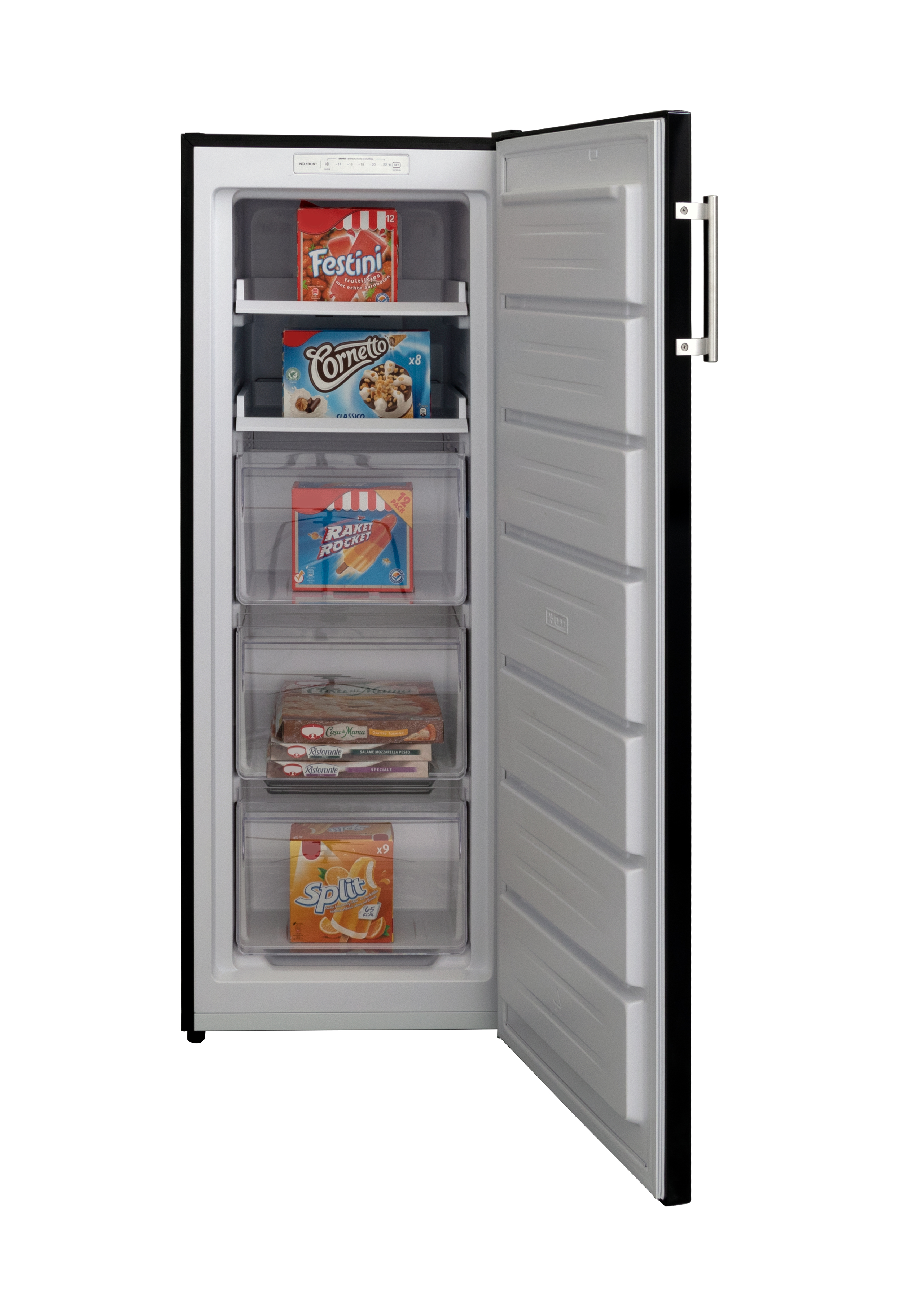 Congélateur noir avec porte ouverte, montrant des aliments surgelés dans des tiroirs transparents.