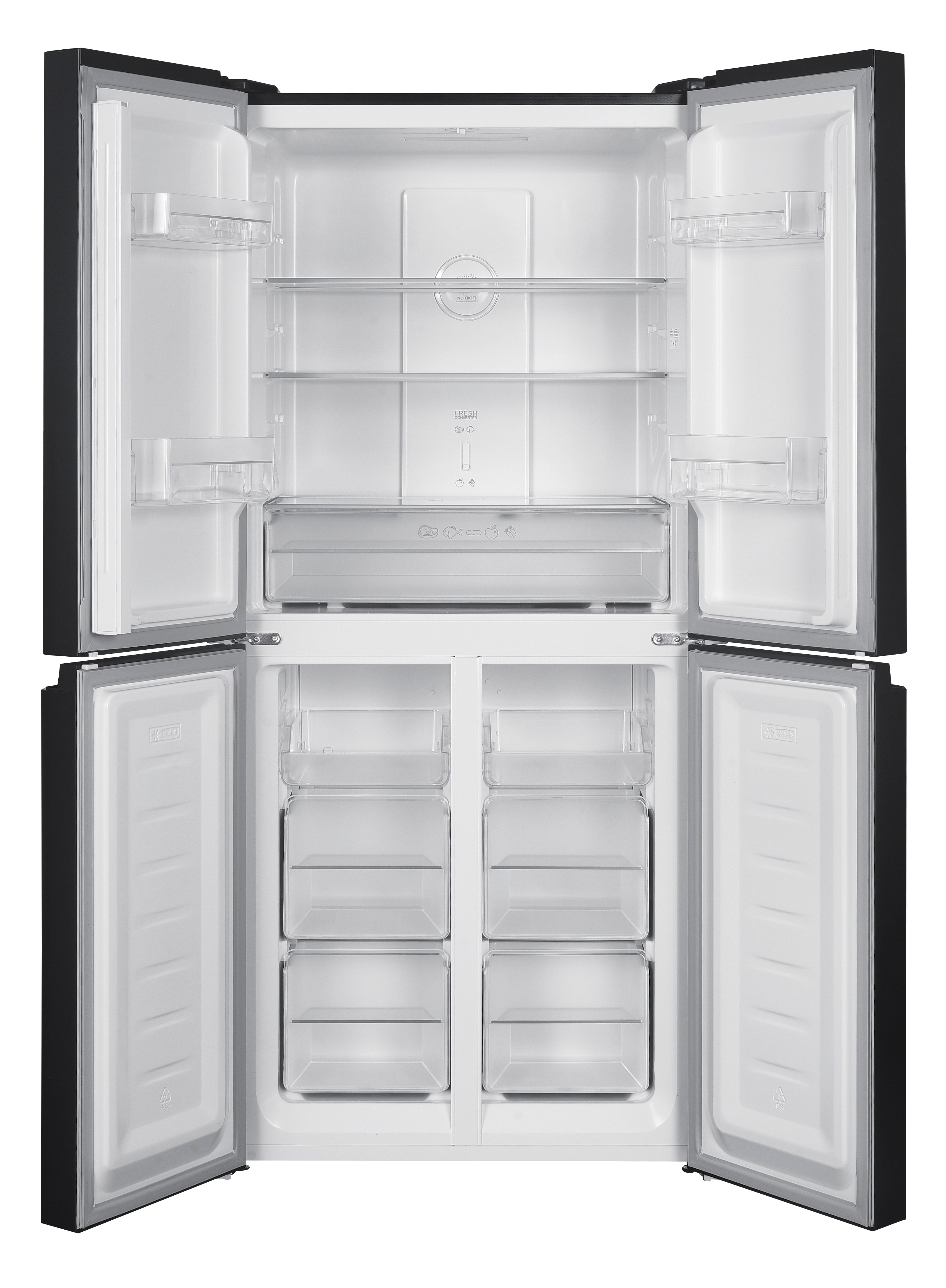 Open black refrigerator with shelves, drawers, and transparent compartments. Empty interior.