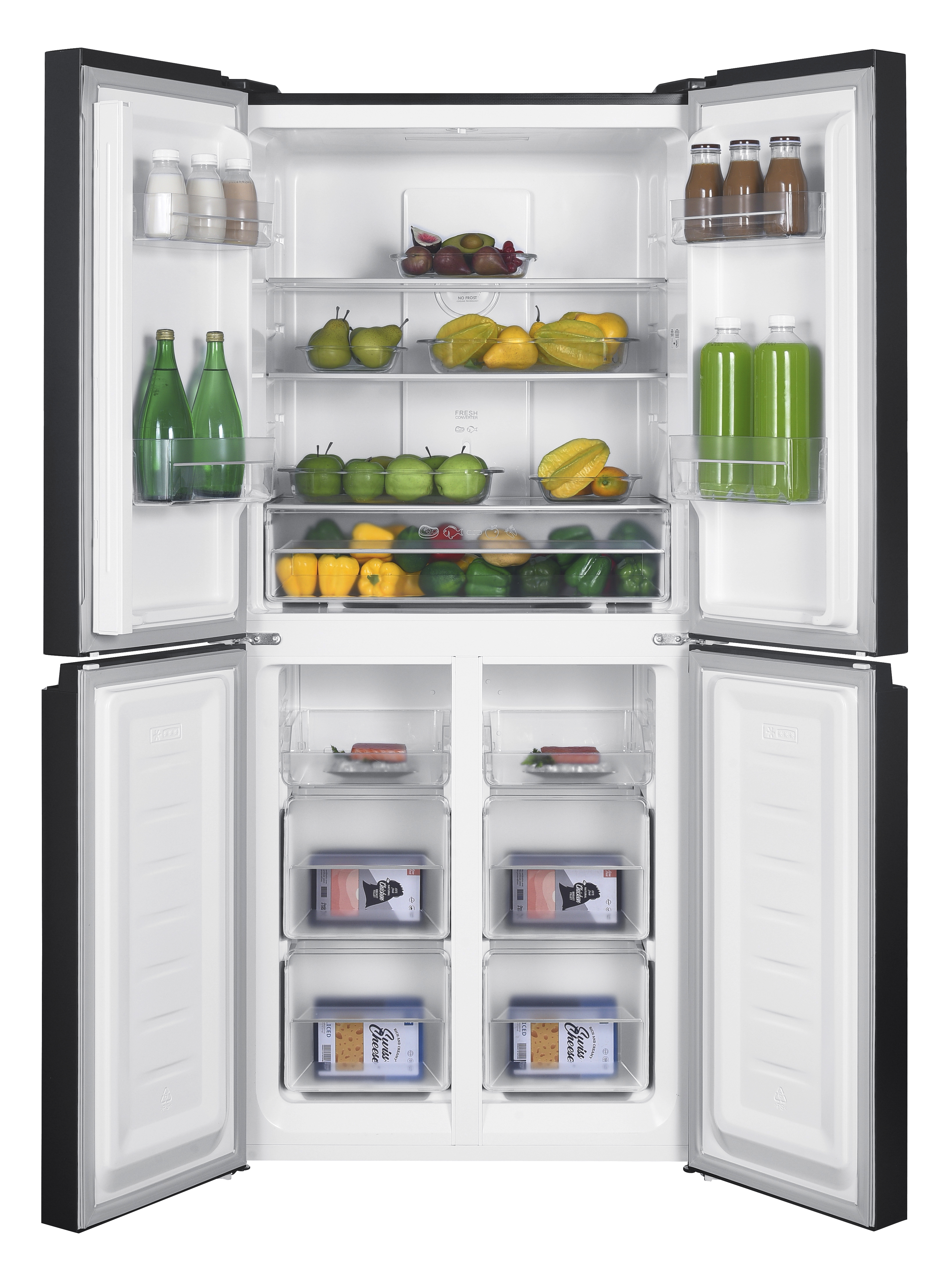 Refrigerator with open doors, filled with food. Fruits, vegetables, and beverages are visible.
