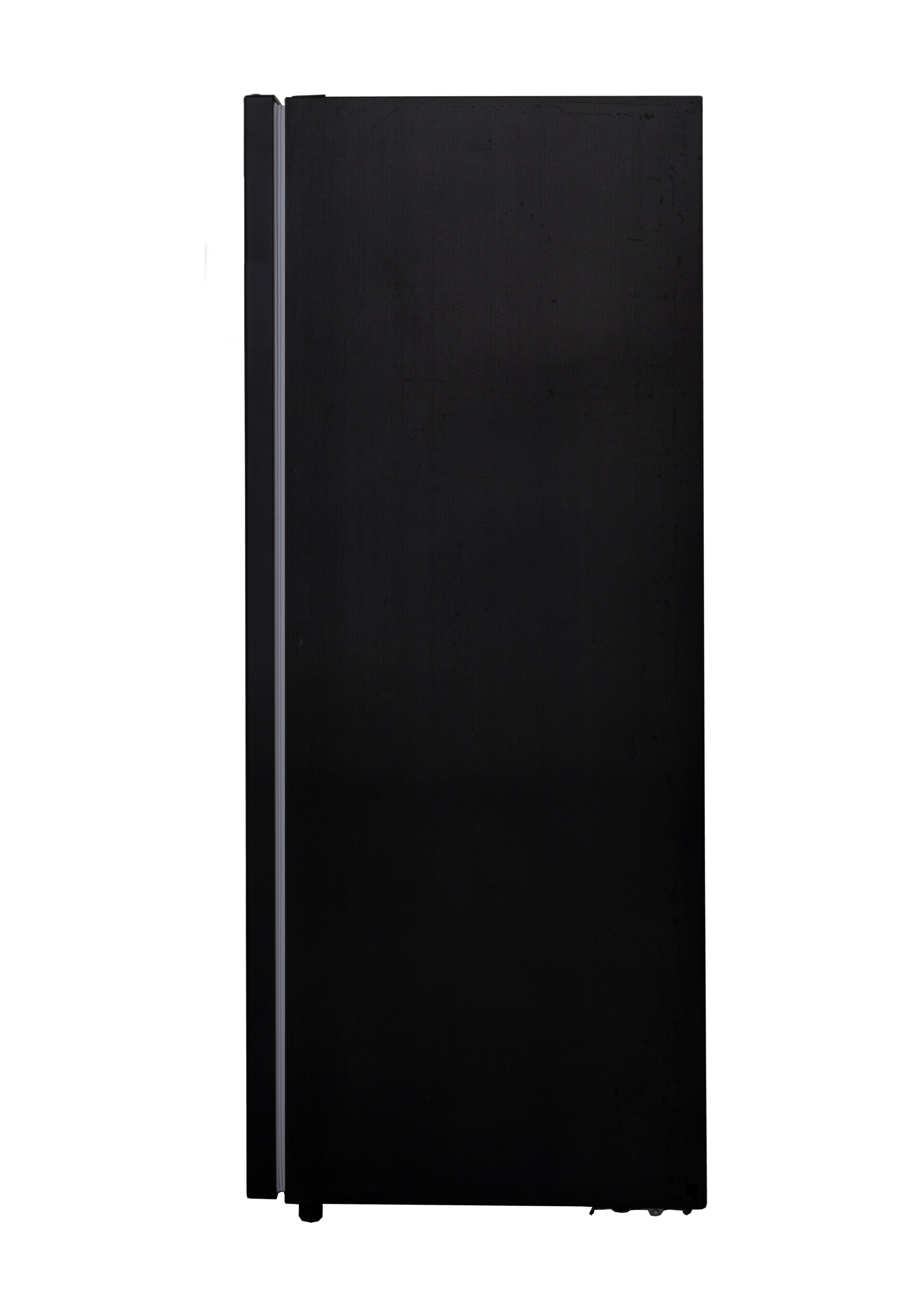Réfrigérateur noir avec surface noire, vu de côté.