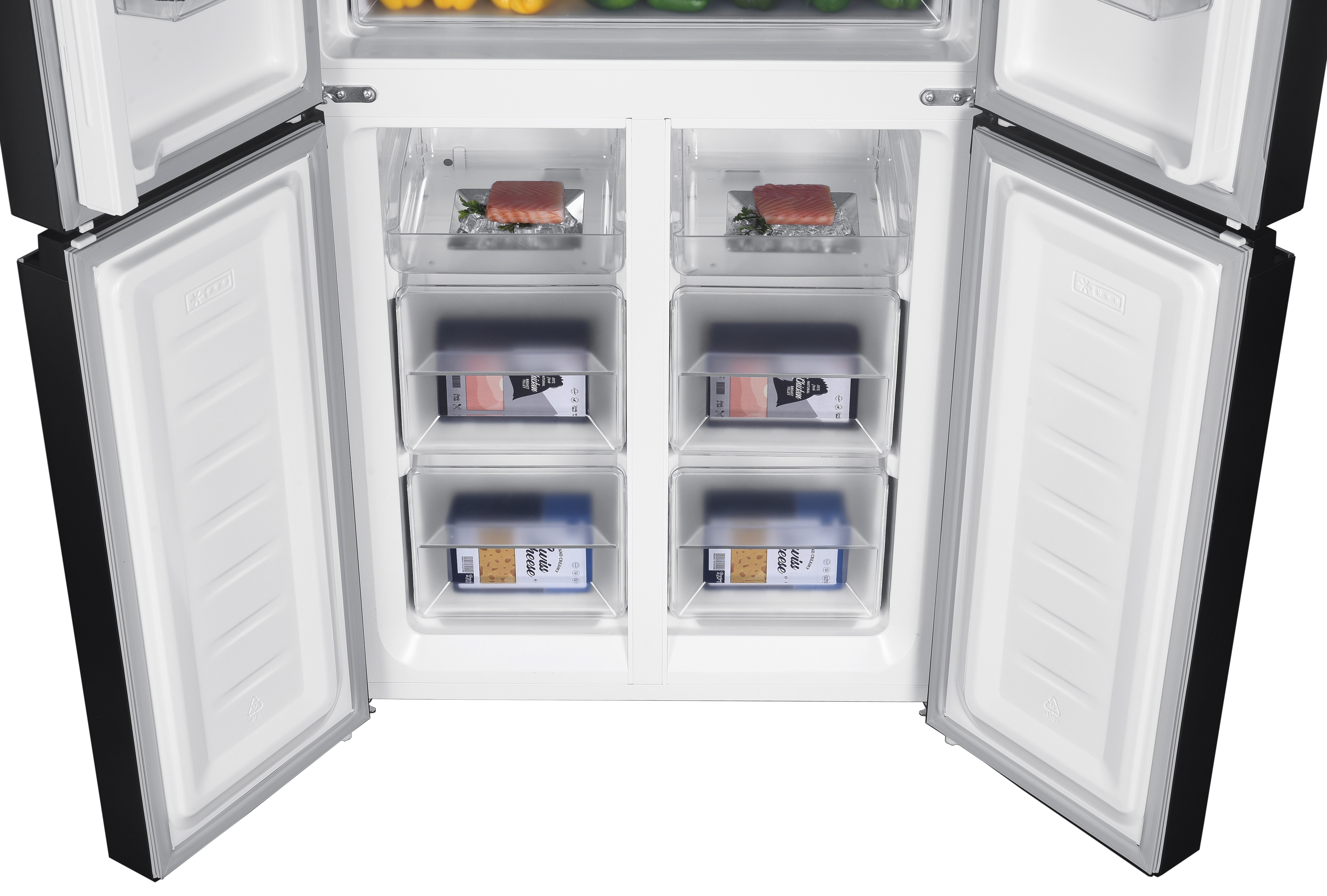 A refrigerator interior with open doors, showing shelves with frozen food and fresh produce.