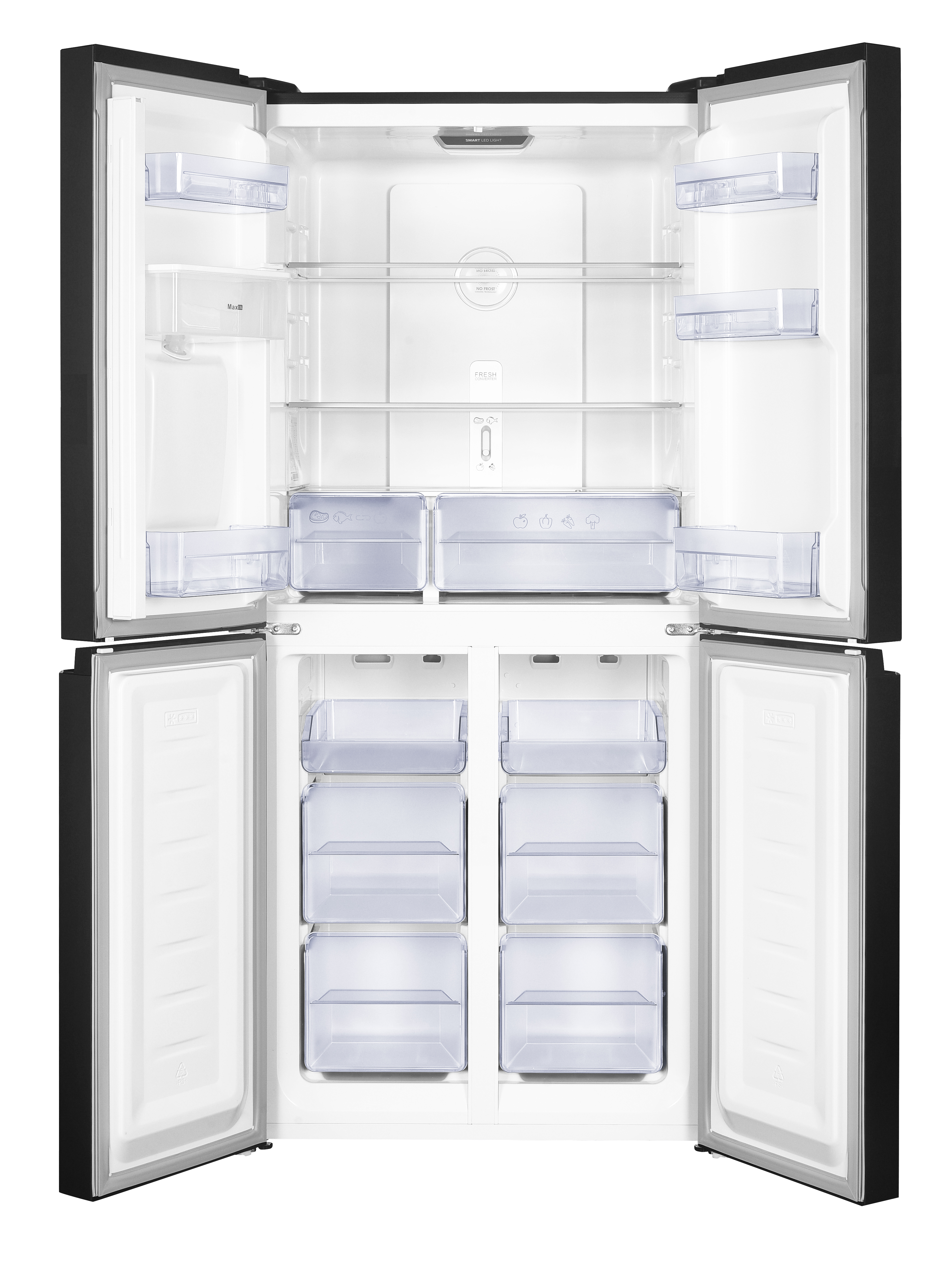 Open refrigerator with four doors. Interior shows shelves and drawers. Black exterior.