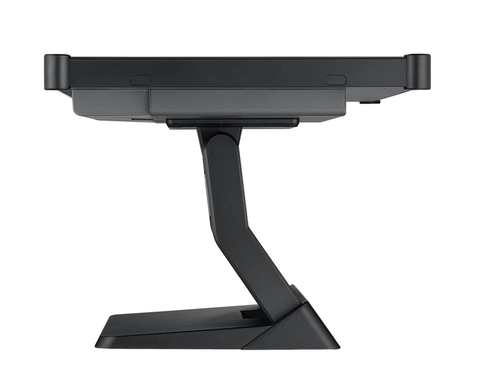 Black stand with a device on top. The device is flat. The stand is angled and has a base.
