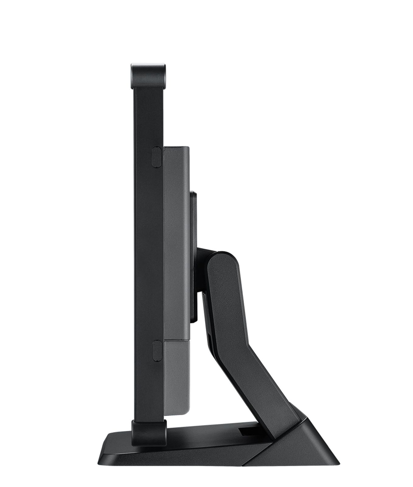 Side view of a black computer monitor with a stand, angled slightly to the left.