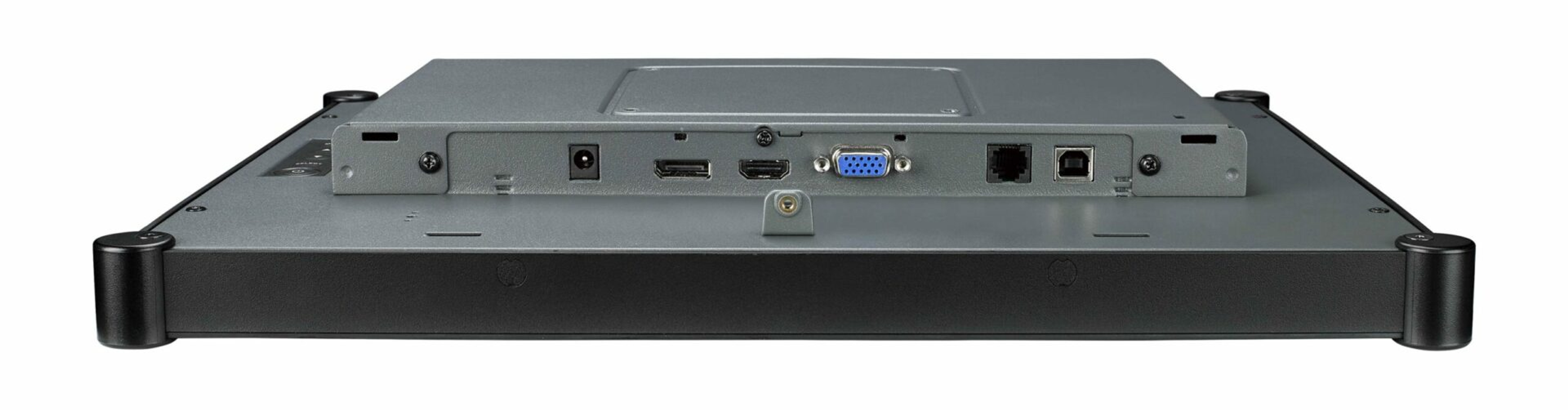 Back view of a black and grey electronic device with various ports and connectors.