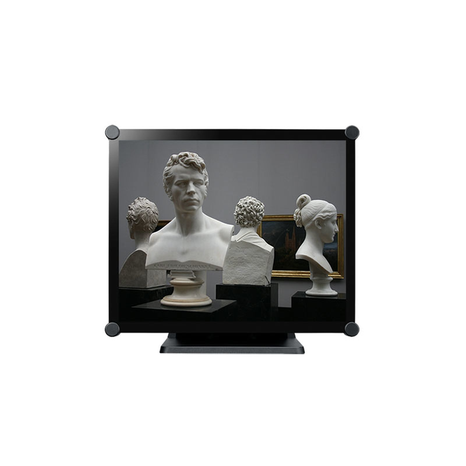 Monitor displaying sculptures: busts and a painting. Black frame.