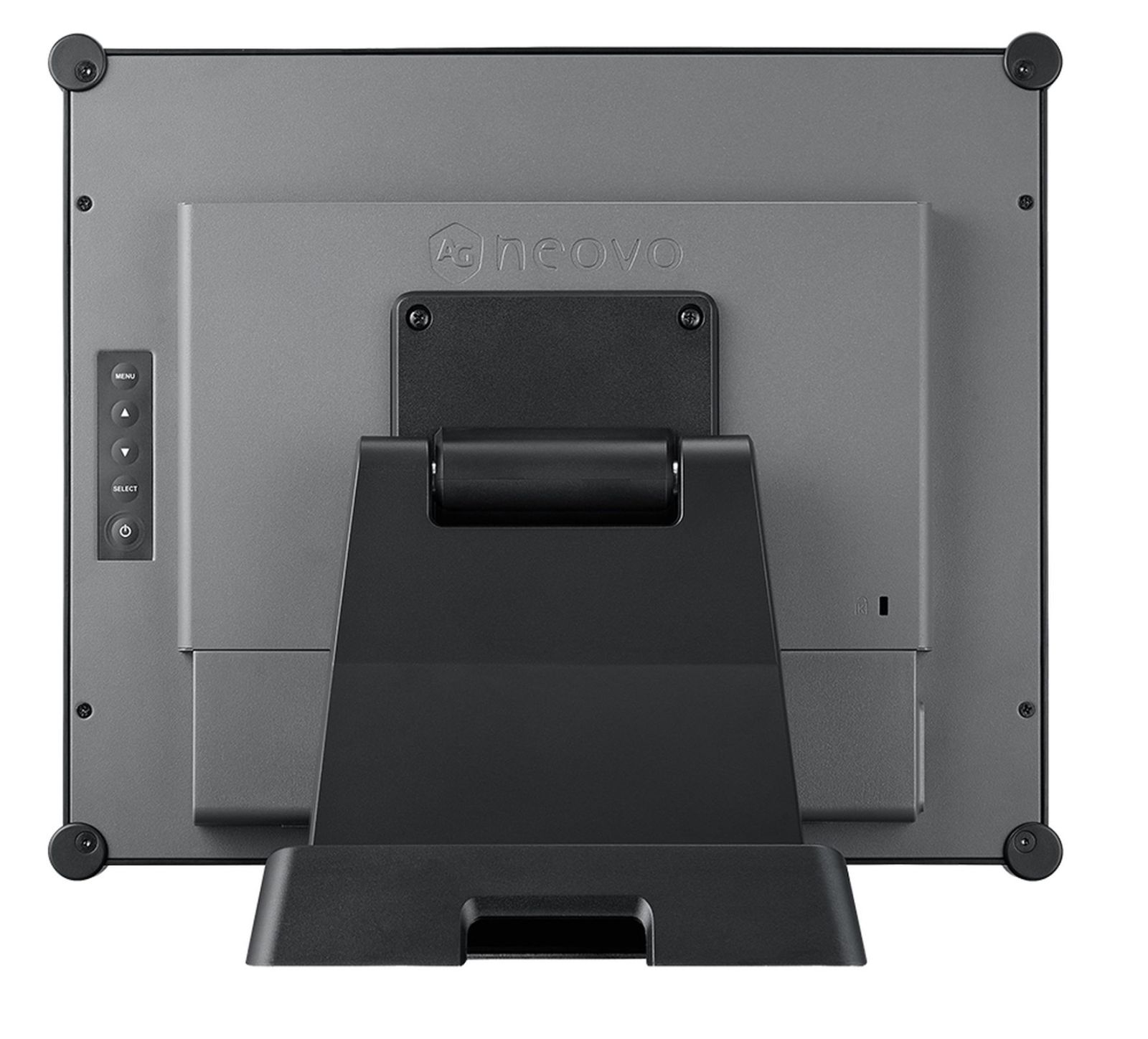 Back of a gray monitor with black stand. Menu, select, and power buttons on the left.