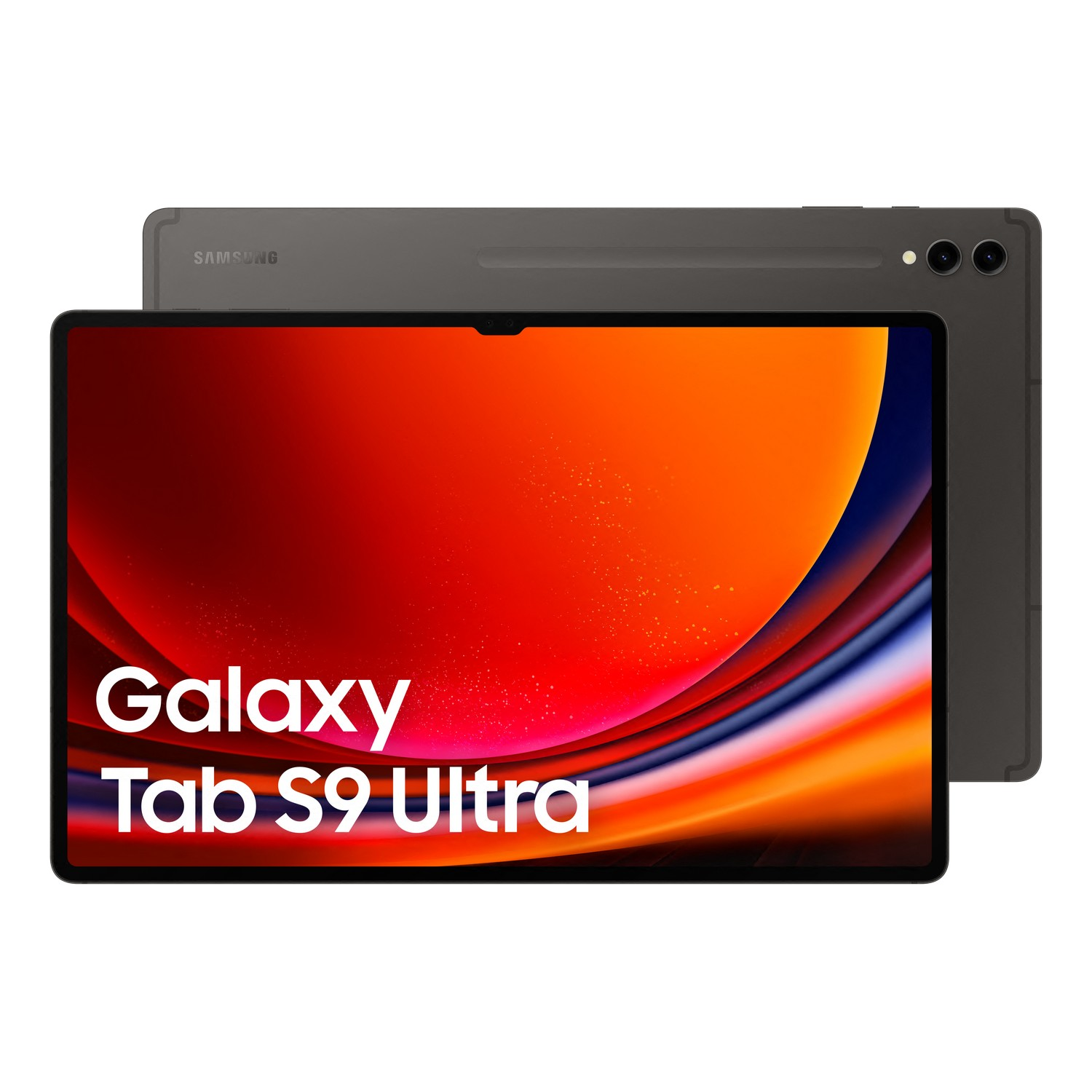 Tablet Galaxy Tab S9 Ultra, przód pokazuje ekran z kolorowym wyświetlaczem. Tył jest szary, z dwoma aparatami.