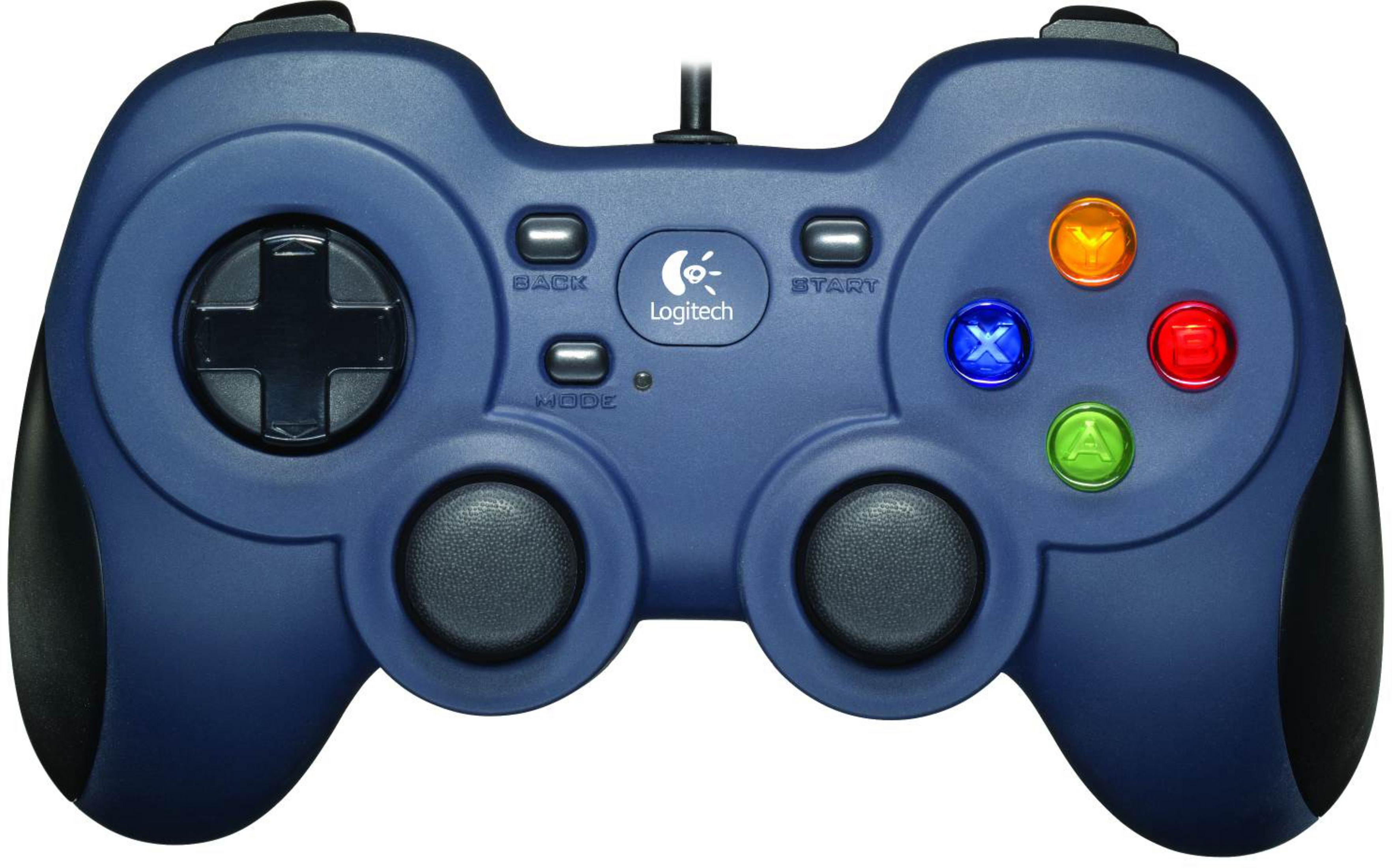 Un mando Logitech azul con botones y logo. Tiene un cable negro.