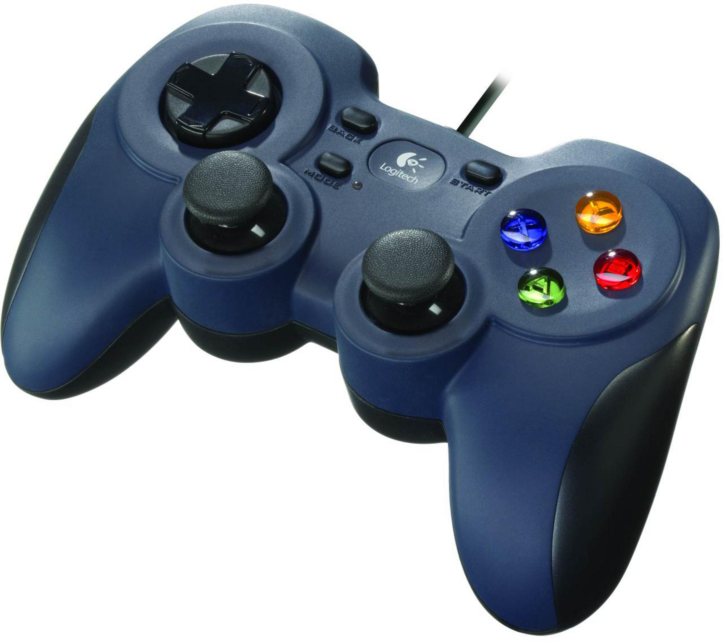 Mando de juego azul y negro con botones y joysticks. El mando es de Logitech.