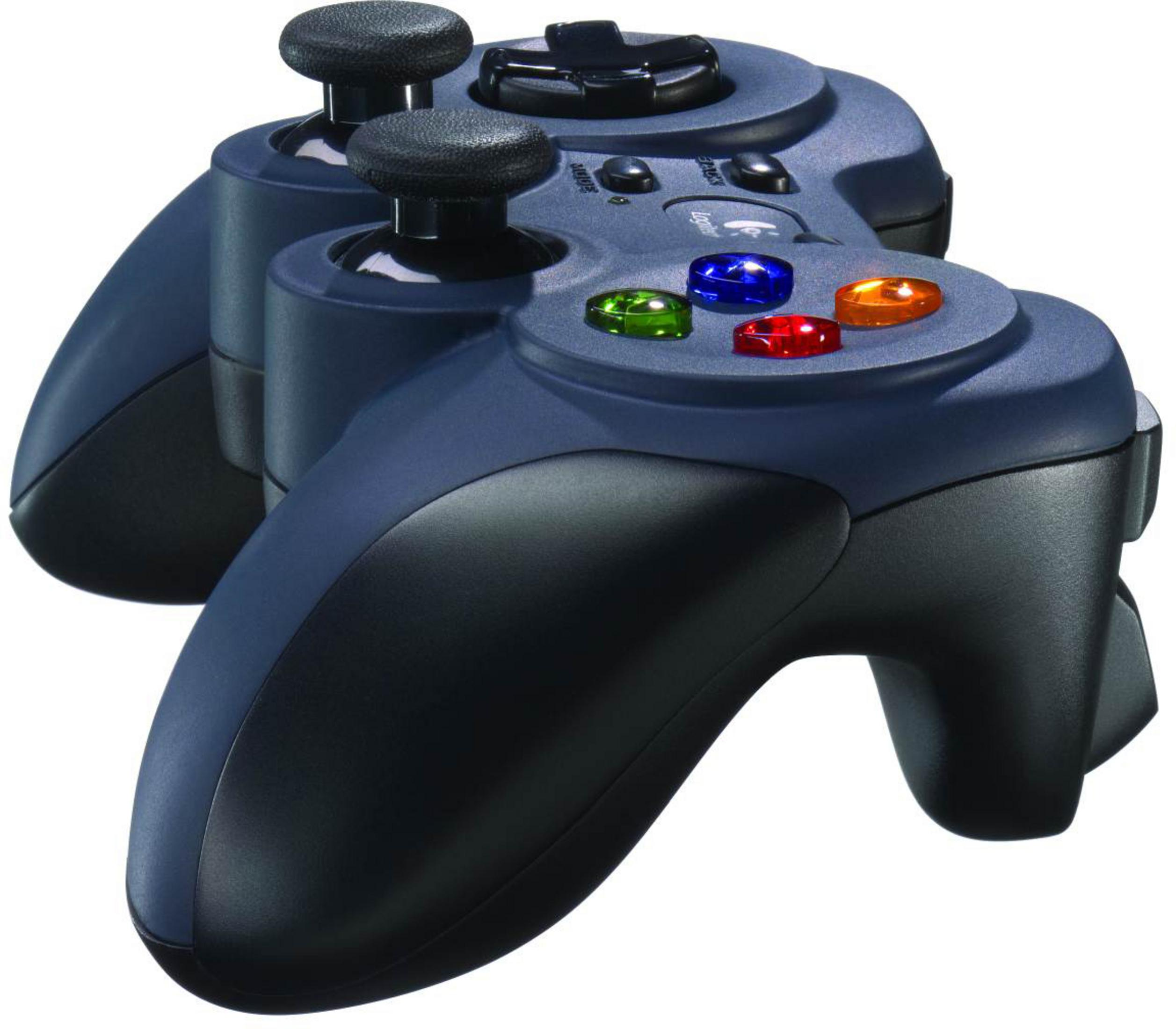 Un mando azul oscuro con dos joysticks, botones y una cruceta. Fondo negro.