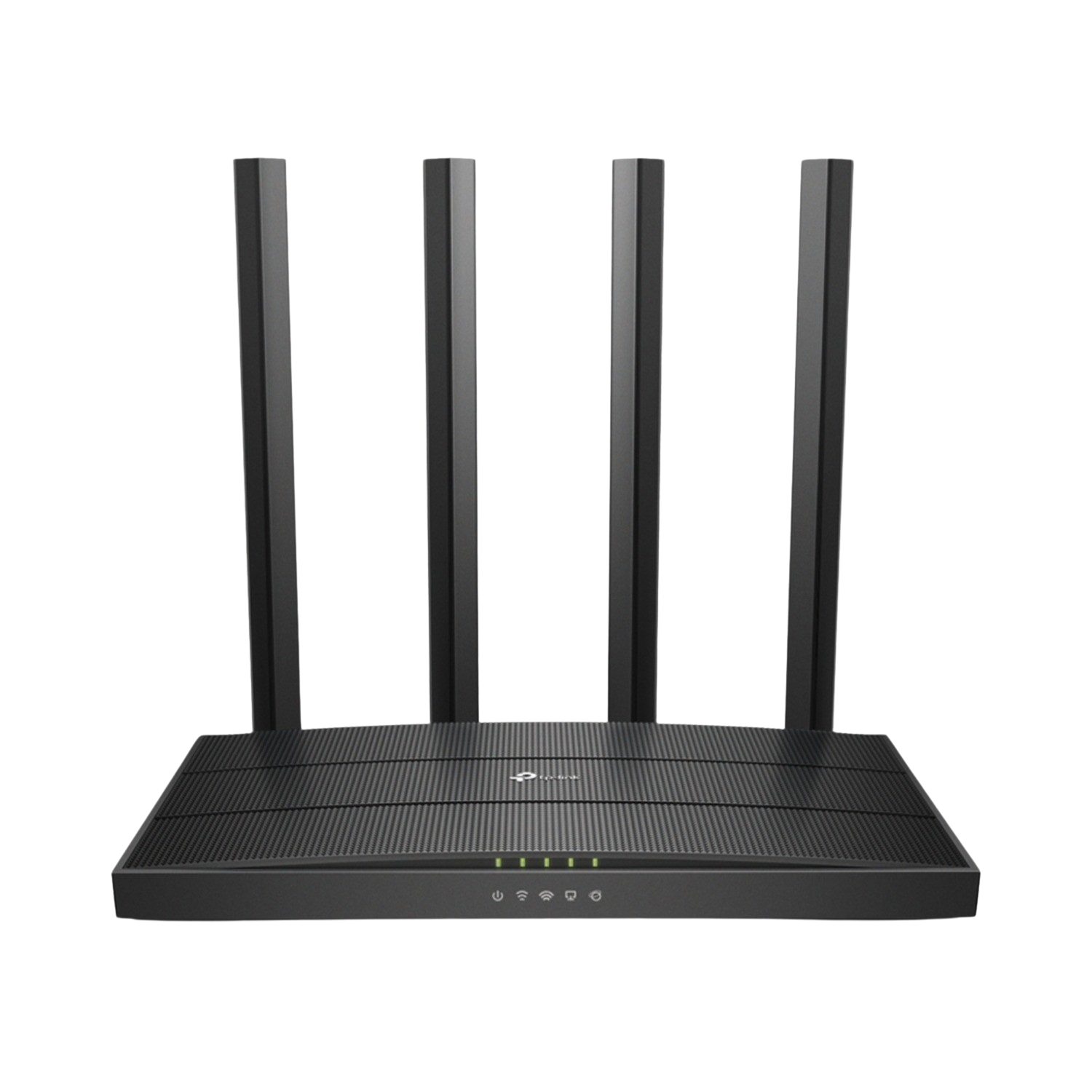 Czarny router z czterema antenami. Górna część ma poziome grzbiety, a z przodu znajdują się światła.