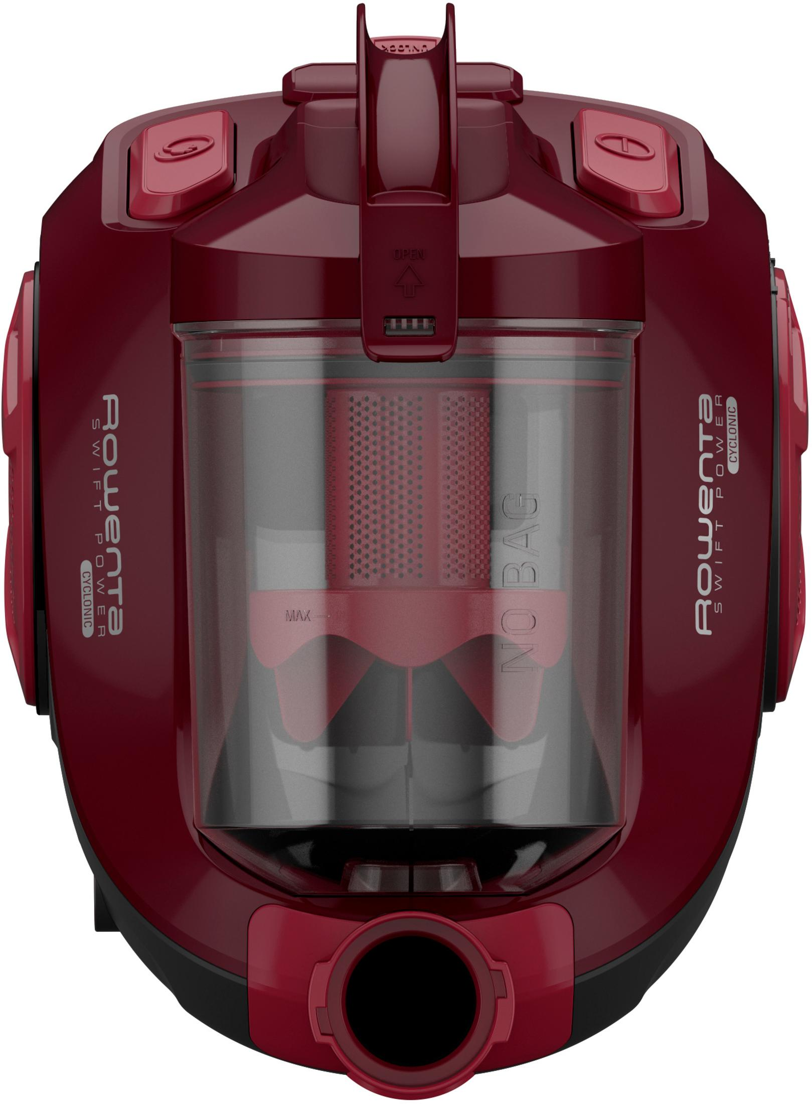 Czerwony odkurzacz z przezroczystym pojemnikiem na kurz. Widok z góry.