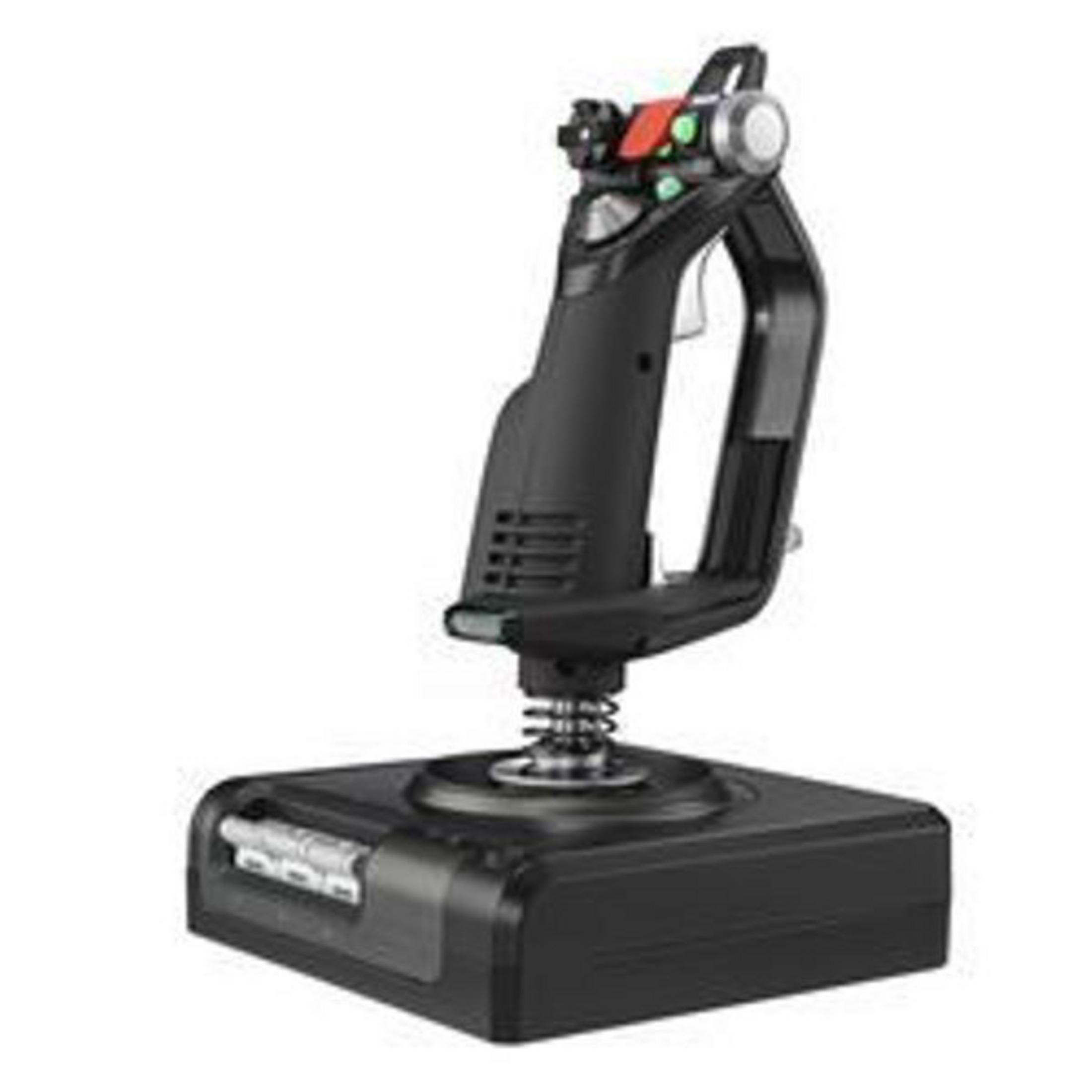 Schwarzer Joystick zum Spielen auf schwarzer Basis. Es hat Knöpfe und einen Griff. Der Hintergrund ist weiß.