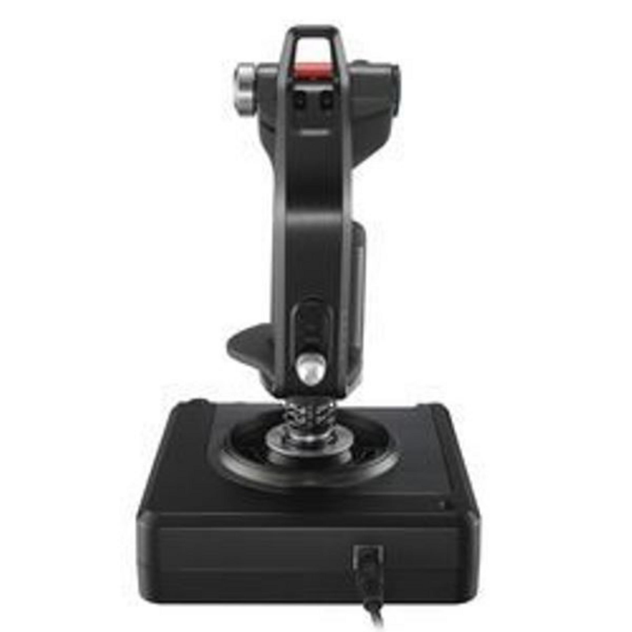 Schwarzer Joystick mit Basis und rotem Knopf.