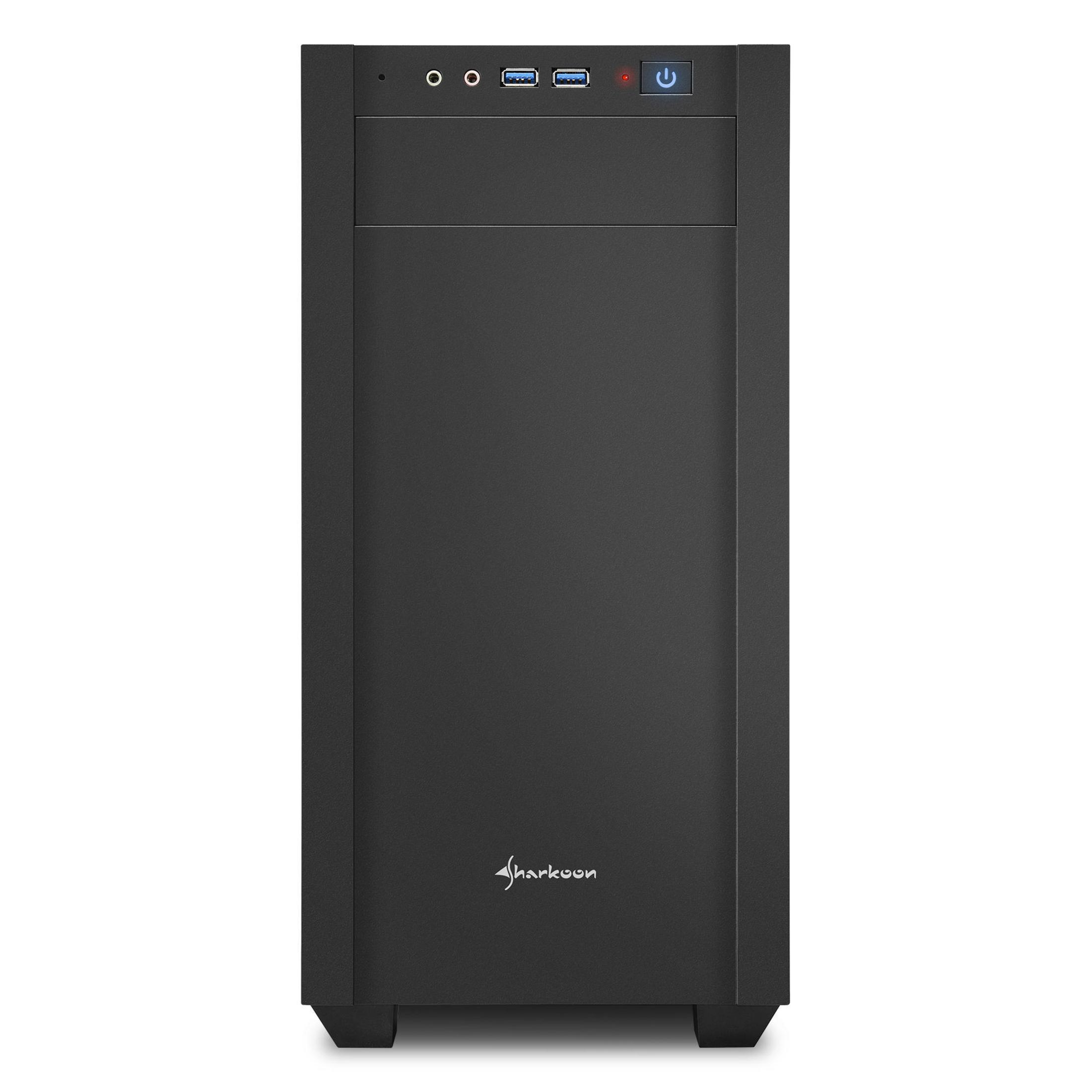 Black computer case with power button and USB ports. The brand name 'sharkoon' is at the bottom.