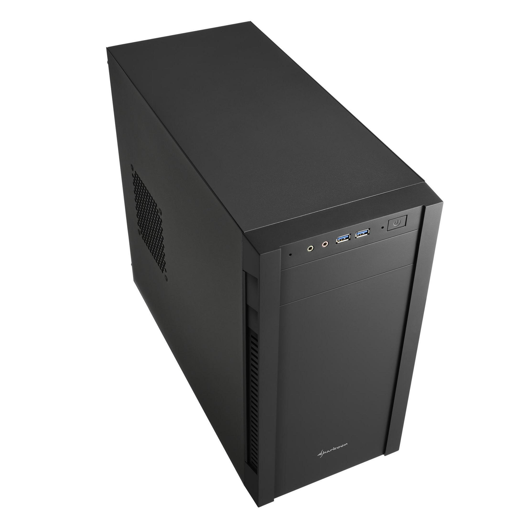 Black computer case with a mesh side and a power button.