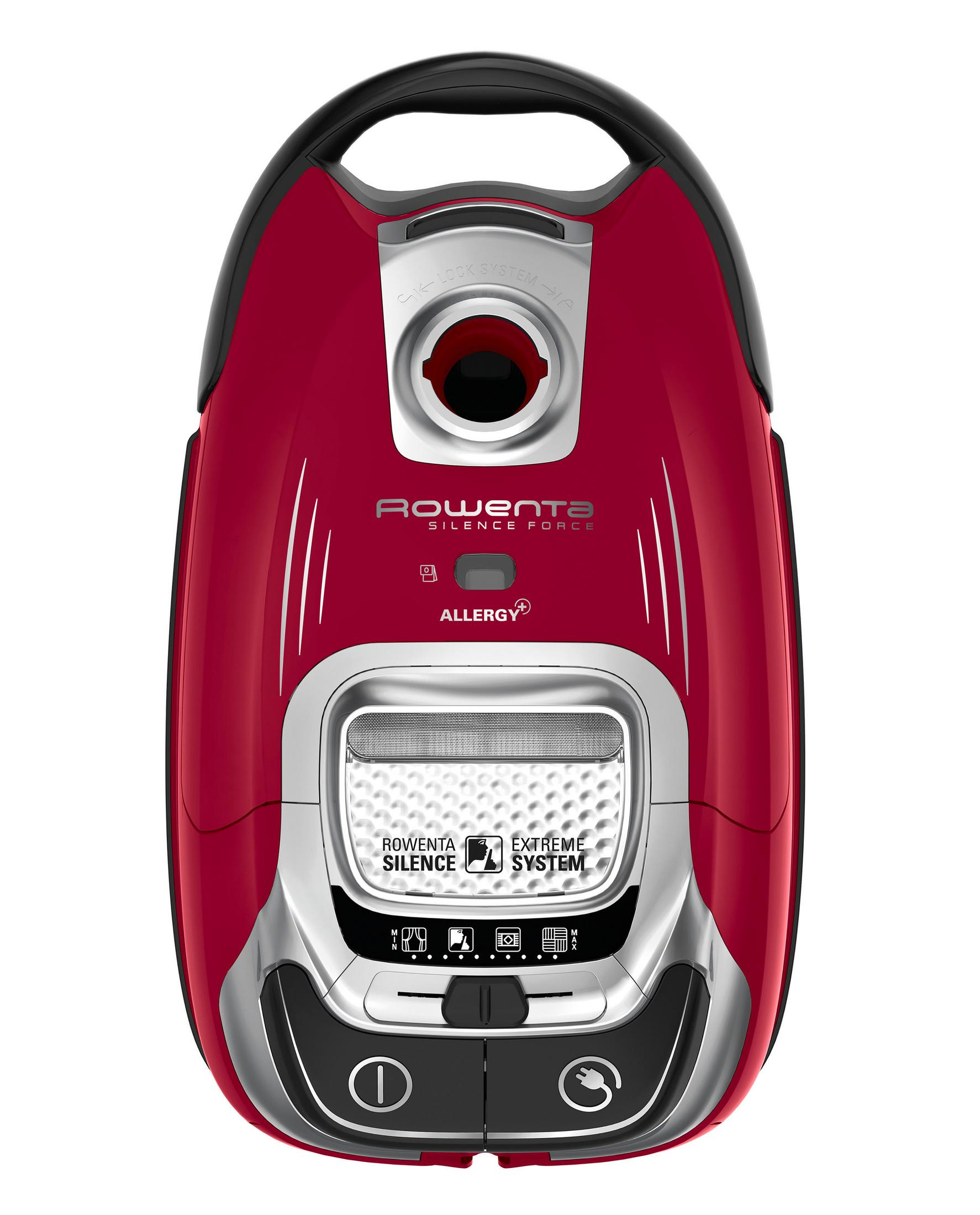 Czerwony odkurzacz ze srebrnym panelem przednim. Ma logo 'Rowenta'. I tekst 'Alergia'.