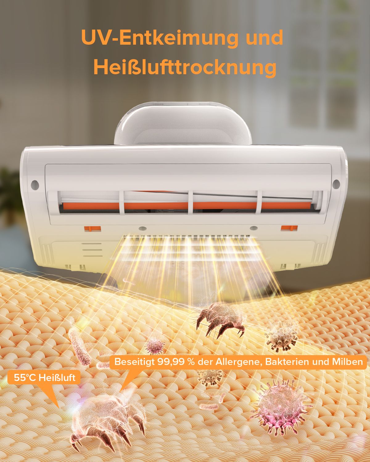 UV-sterilisierender Staubsaugerkopf. Text: UV-Sterilisation und Heißlufttrocknung. Tötet Allergene, Bakterien und Milben ab.