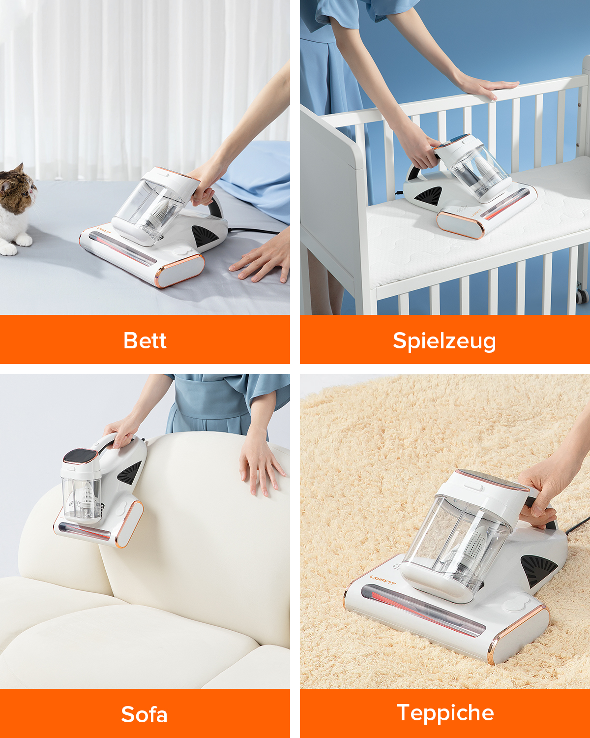 Staubsauger, der auf Bett, Spielzeug, Sofa und Teppich verwendet wird.